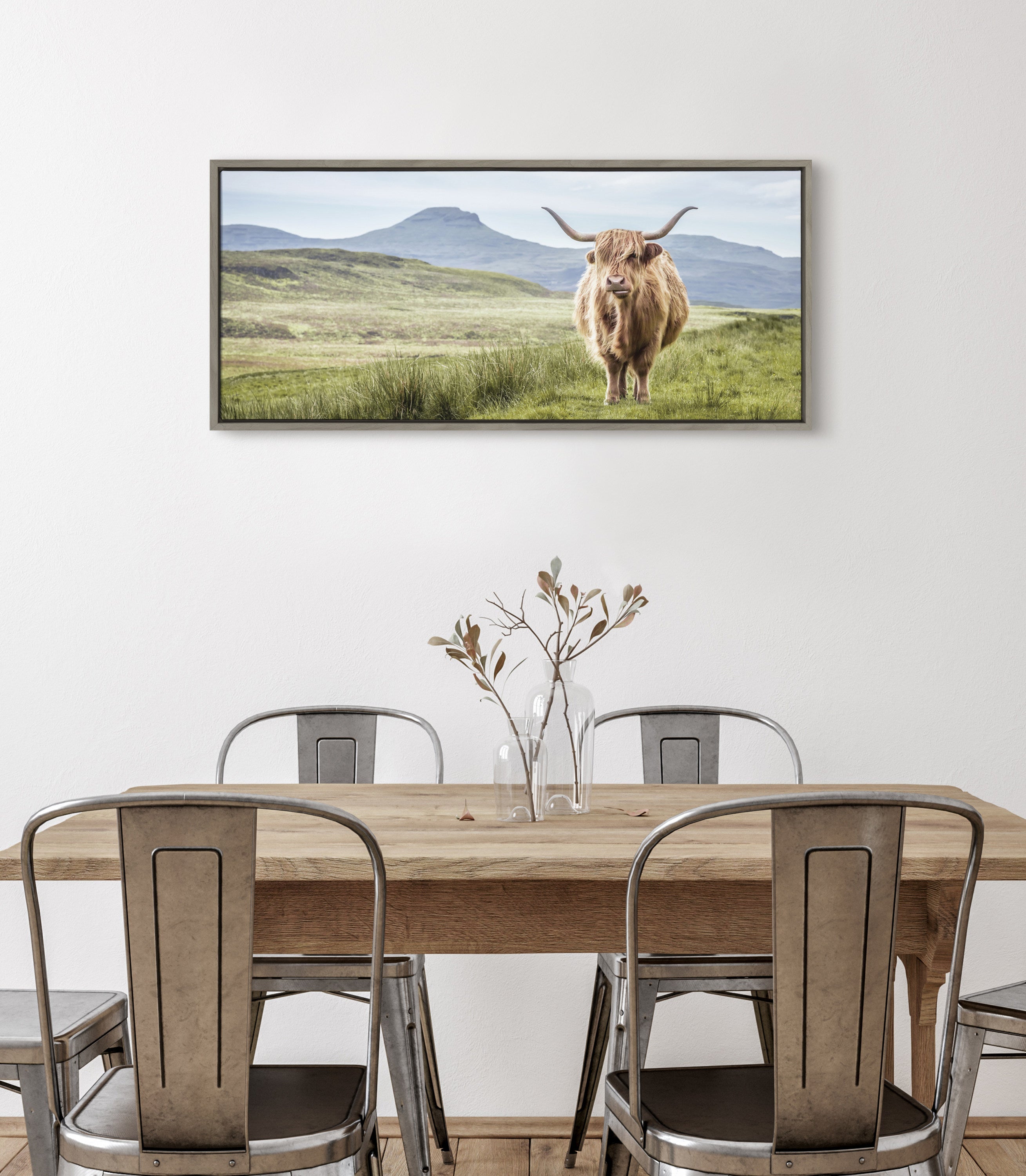 Sylvie Highland Cow Mountain Landscape Framed Canvas by The Creative Bunch Studio
