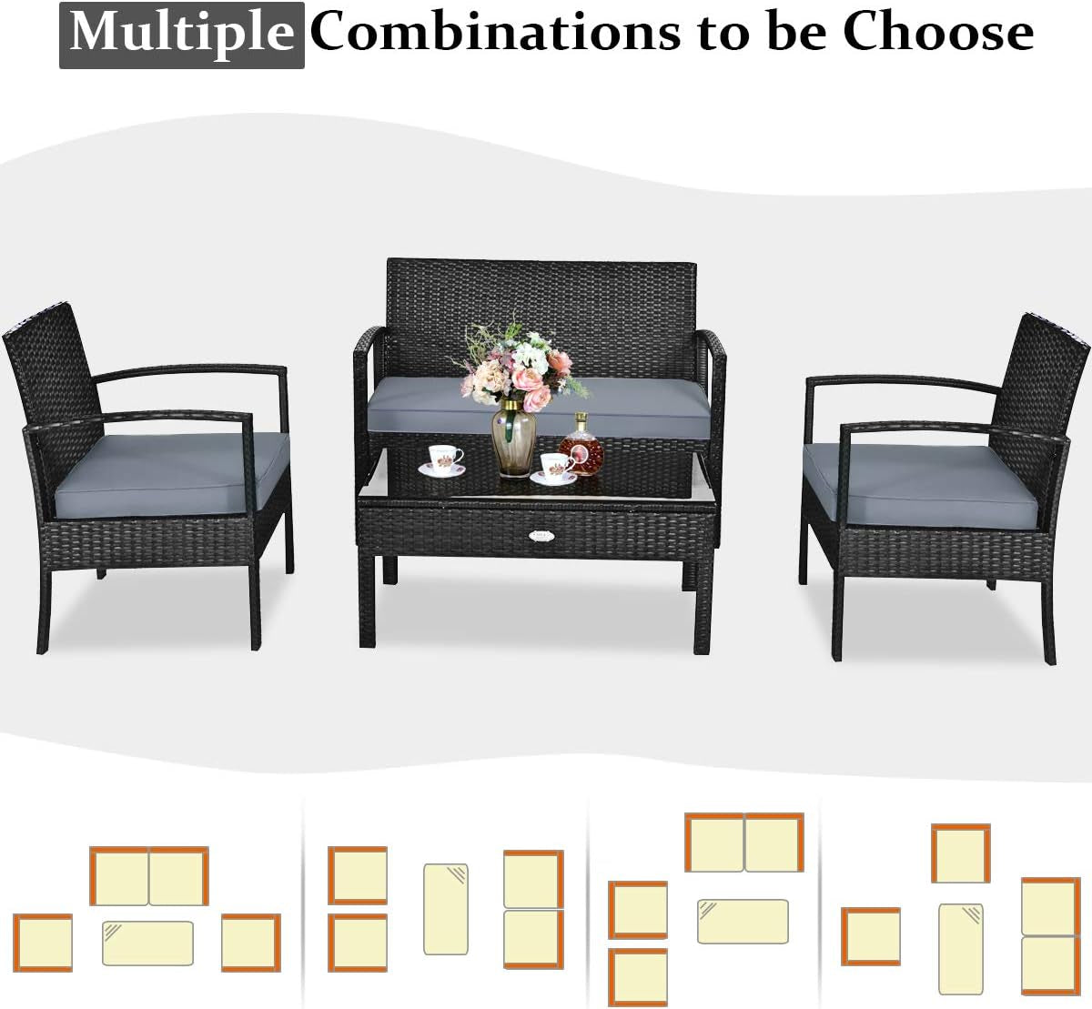 4 Piece Patio Rattan Furniture Set With Glass Coffee Table