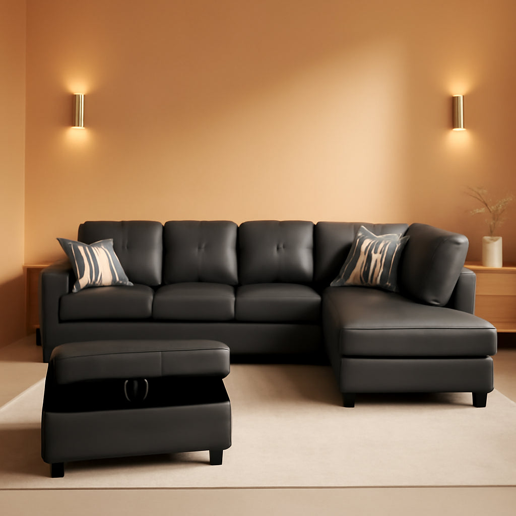 Dark Grey L Shaped PU Leather Sofa With Storage Ottoman