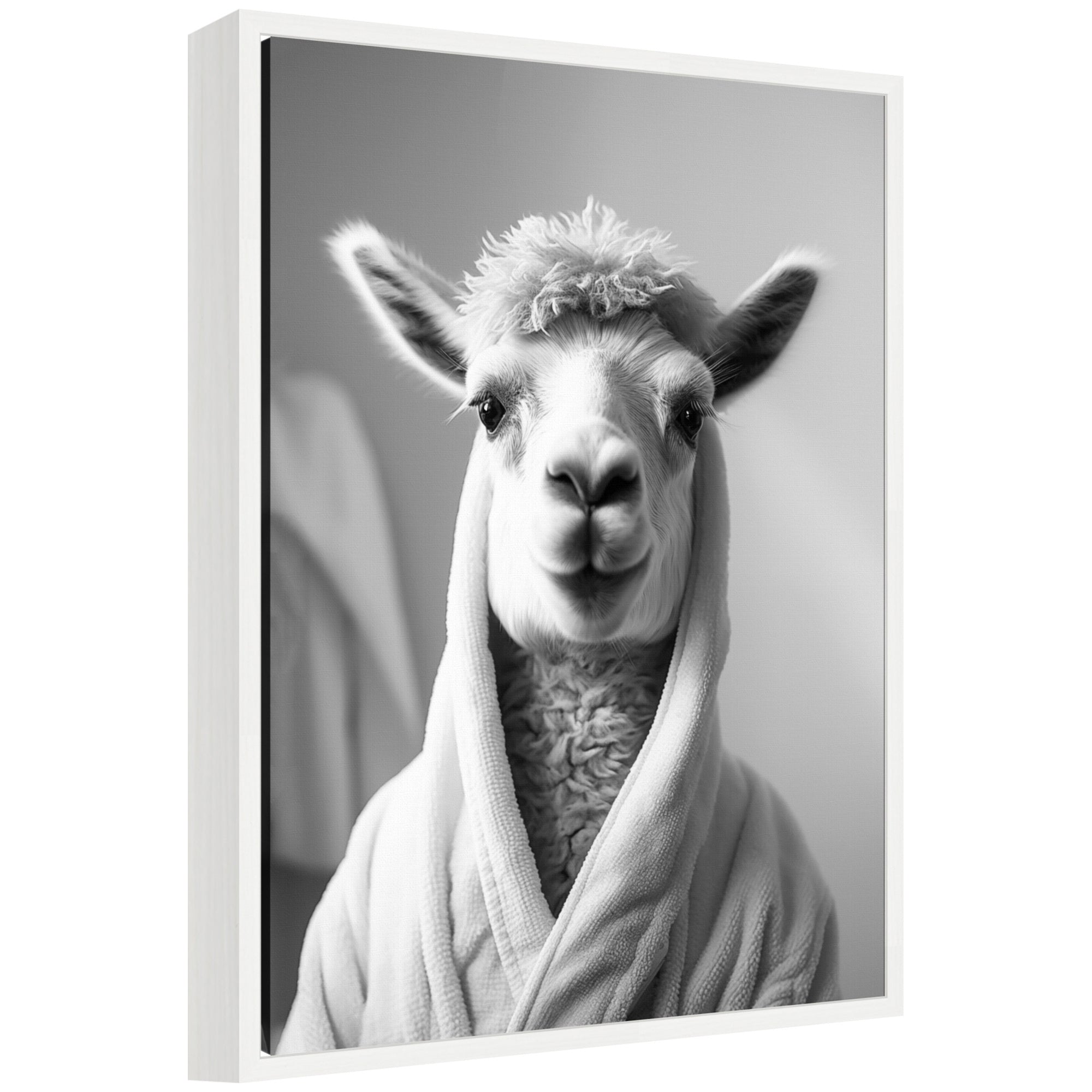 Sylvie Llama Bathroom Art Towel Robe Black and White Framed Canvas by The Creative Bunch Studio