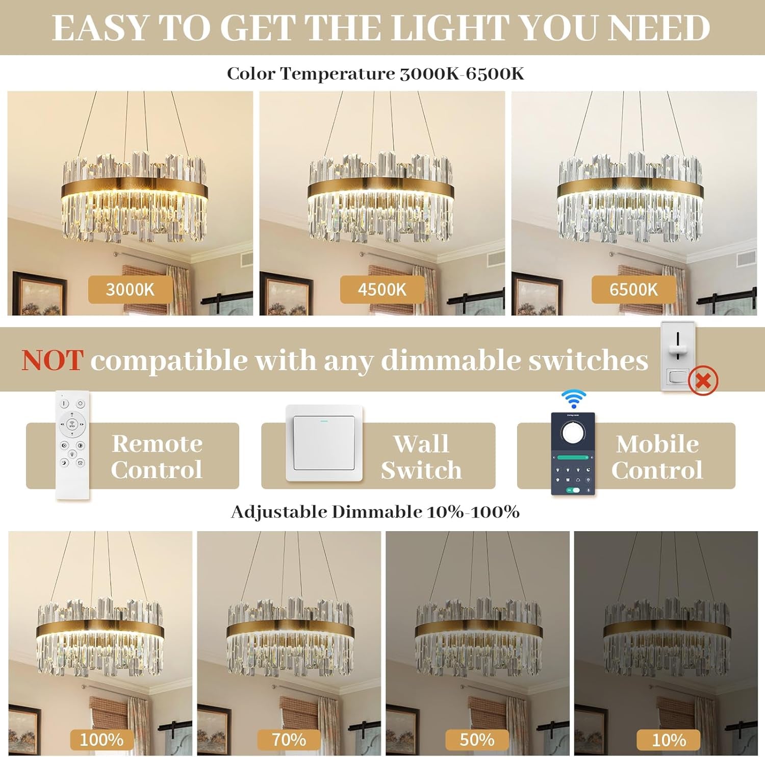 19.7 Inches Dimmable Crystal Pendant Chandelier Gold-4