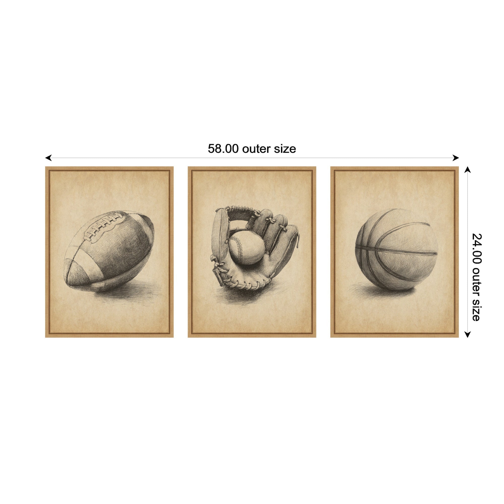 Walnut Antique Football 3 Piece Framed Canvas Wall Art Set by The Creative Bunch Studio
