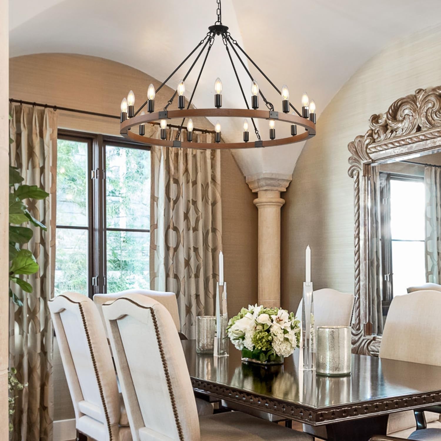 38 Inches Rustic Wooden Wagon Wheel Chandelier Black-1