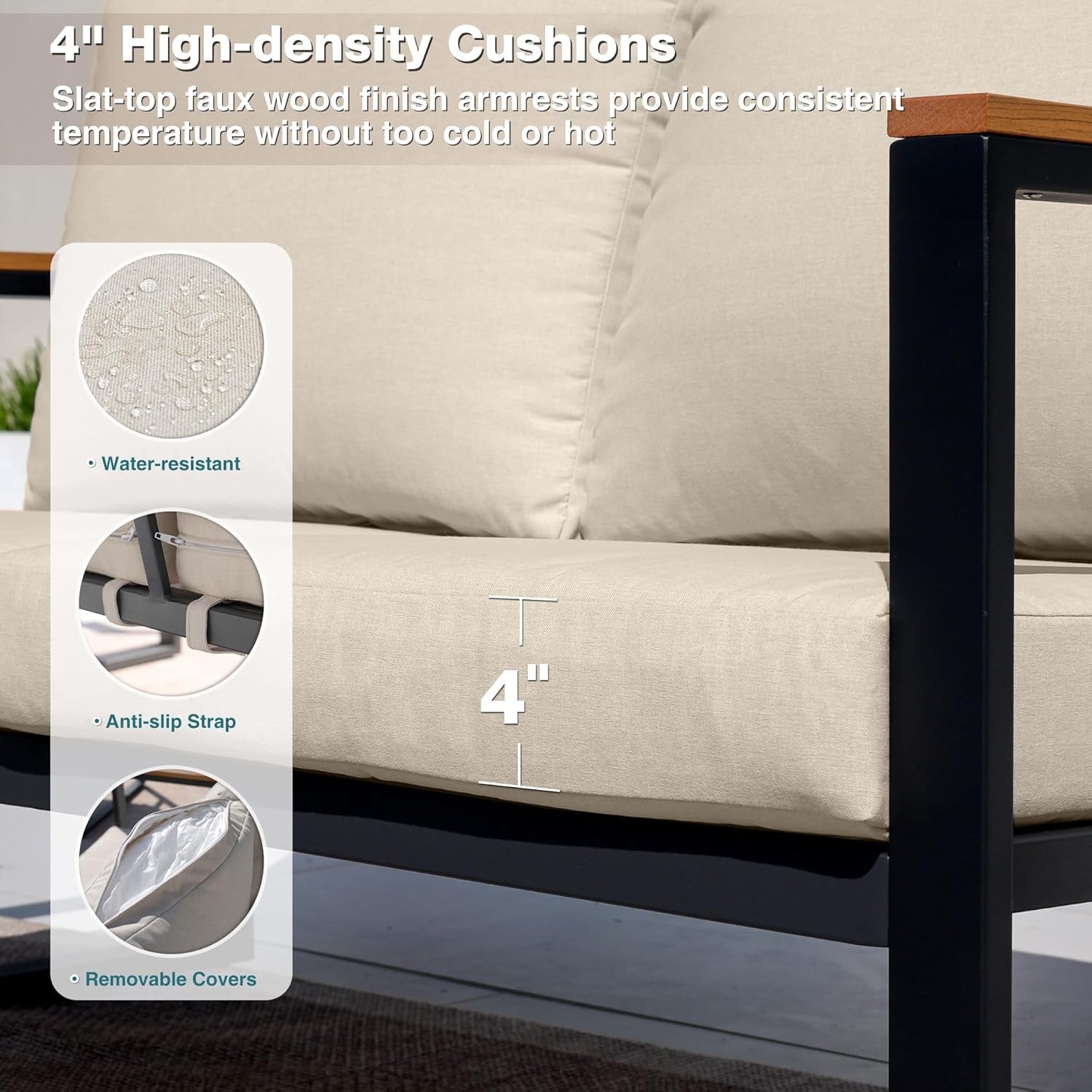 4 Piece Patio Set With Coffee Table Beige Metal Frames And Washable Cushions