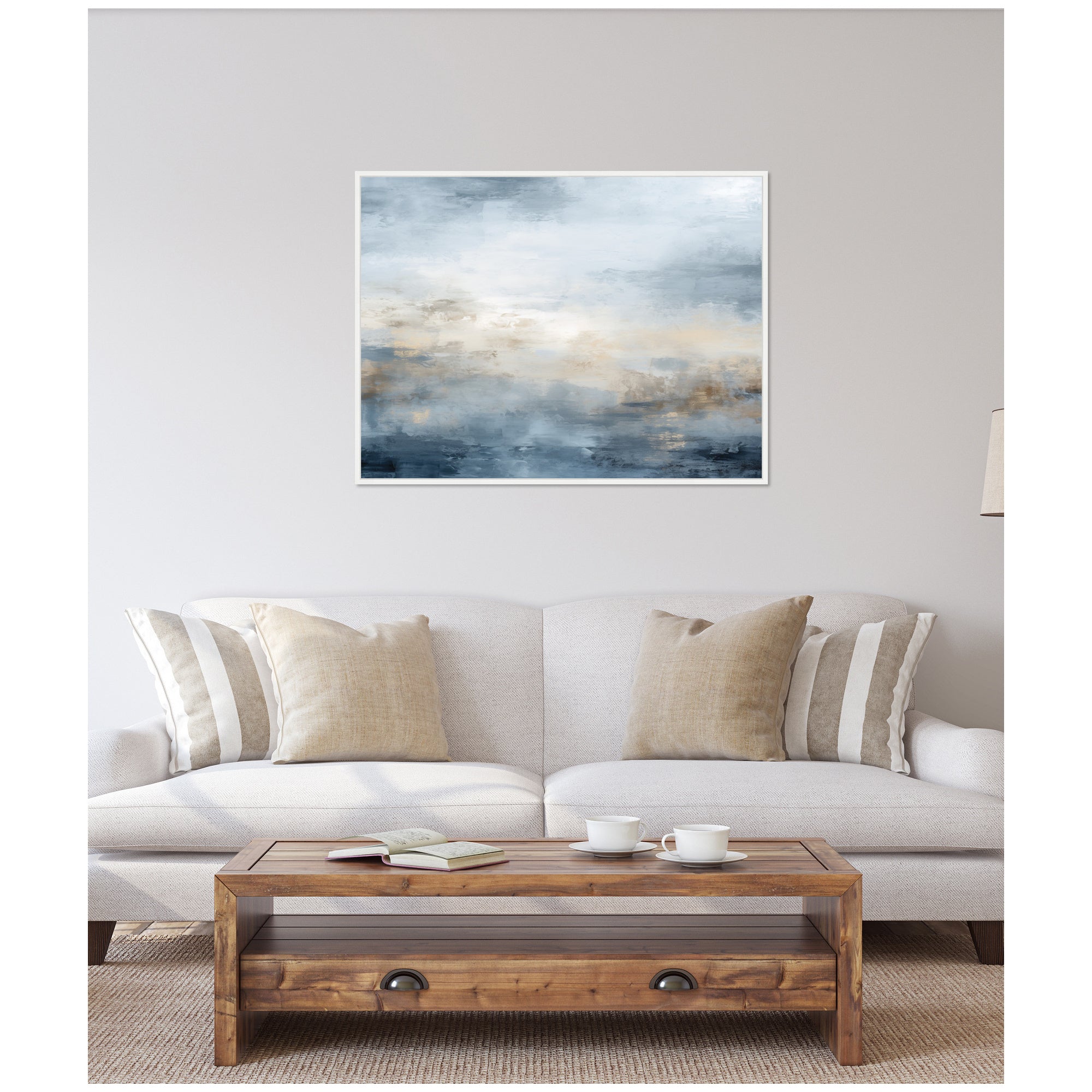 Sylvie Tonal Abstract Oceanic Nautical Serenity Blue Horizontal Framed Canvas by The Creative Bunch Studio