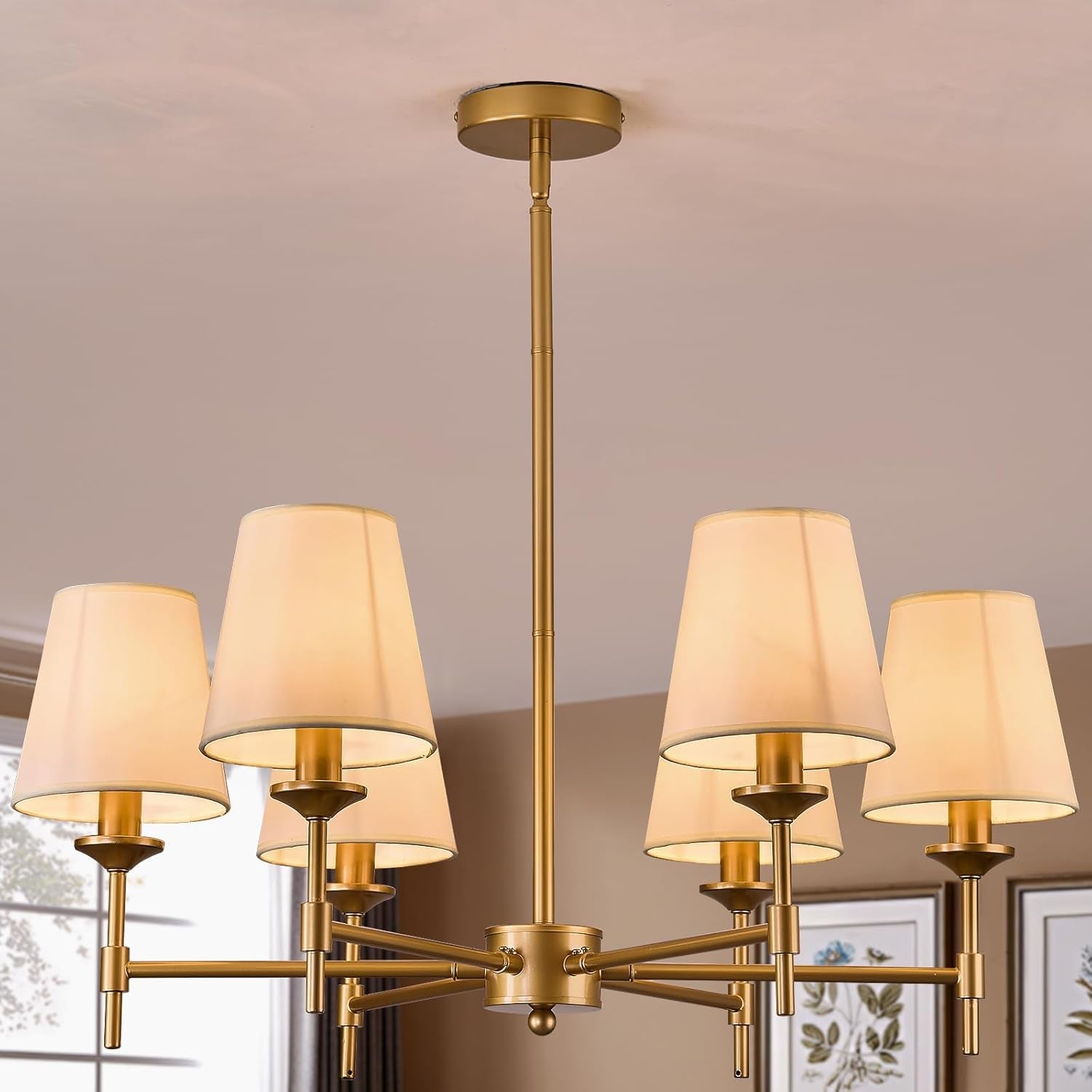 Gold Farmhouse Chandelier 6 Light Fixture with Linen Shades-0