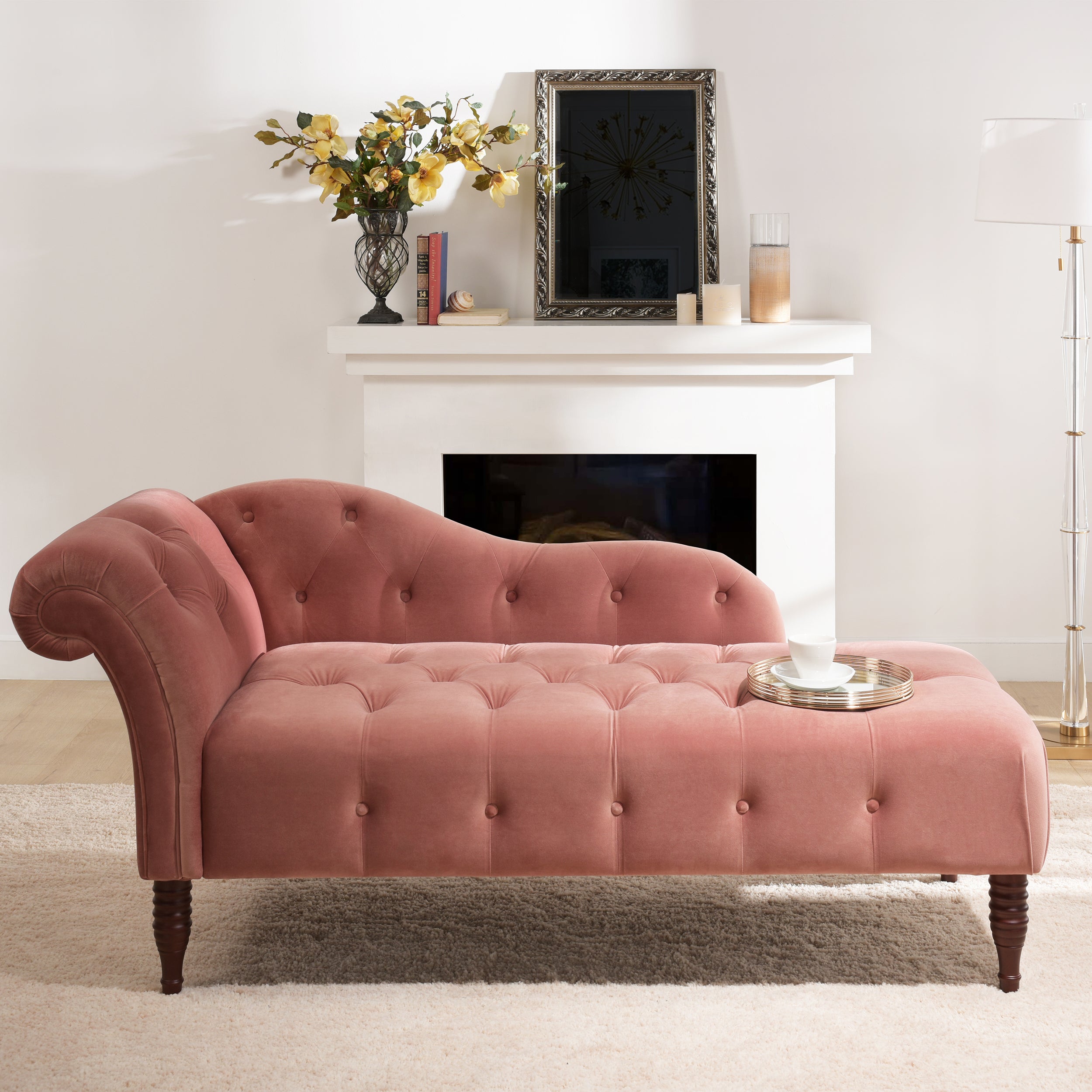 Samuel Tufted Roll Arm Chaise Lounge, Ash Rose Pink Velvet