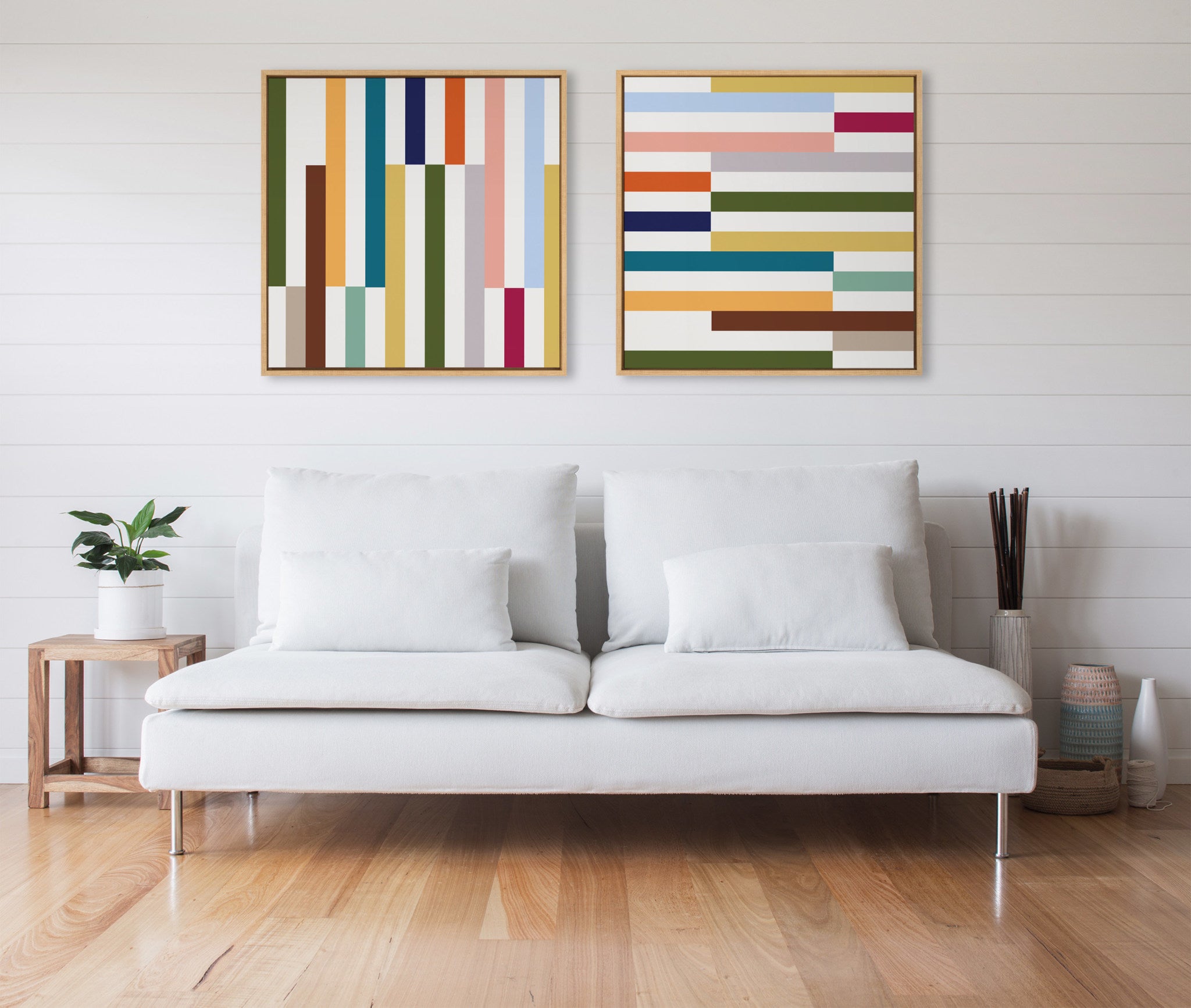 Sylvie Modern Color Block Stacks I Framed Canvas by The Creative Bunch Studio