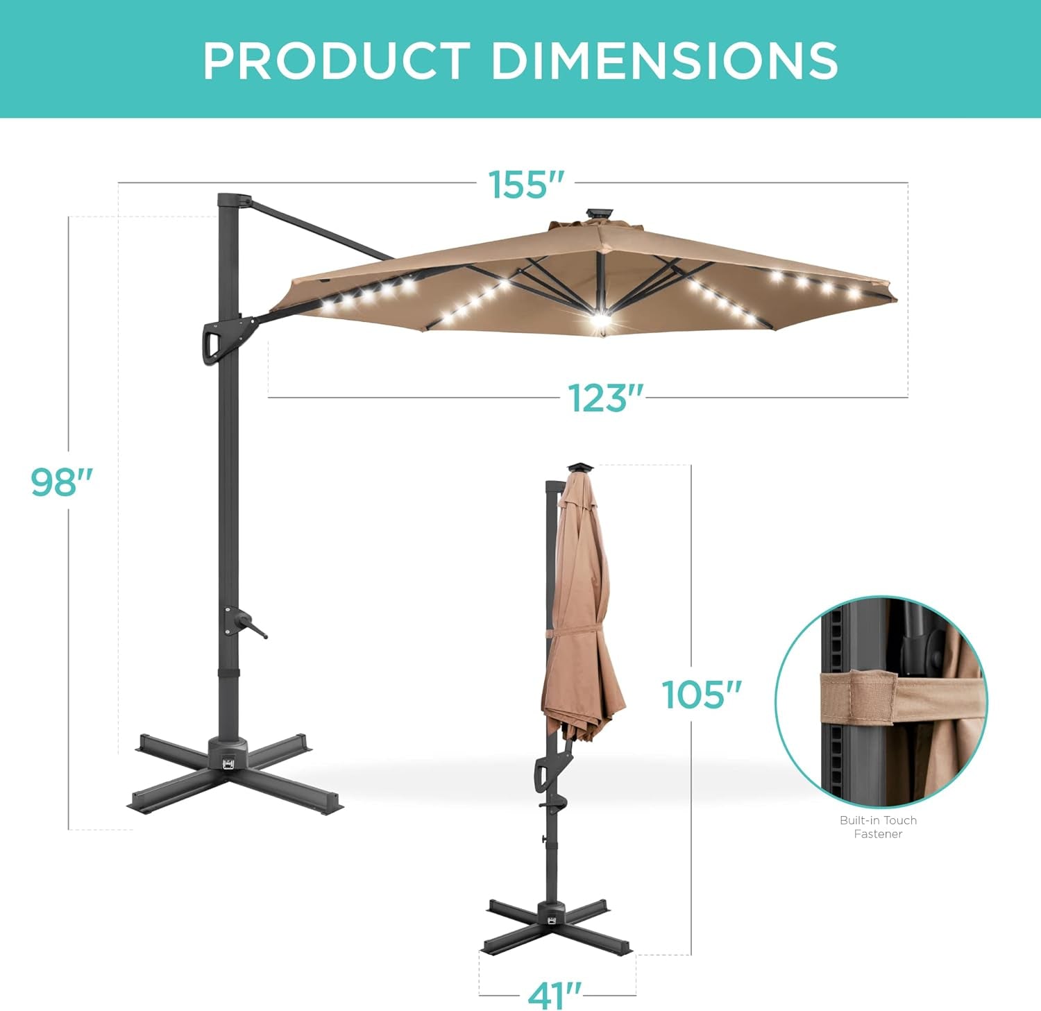 10 Foot Solar LED Cantilever Patio Umbrella With Lights Cross Base For Outdoor Use