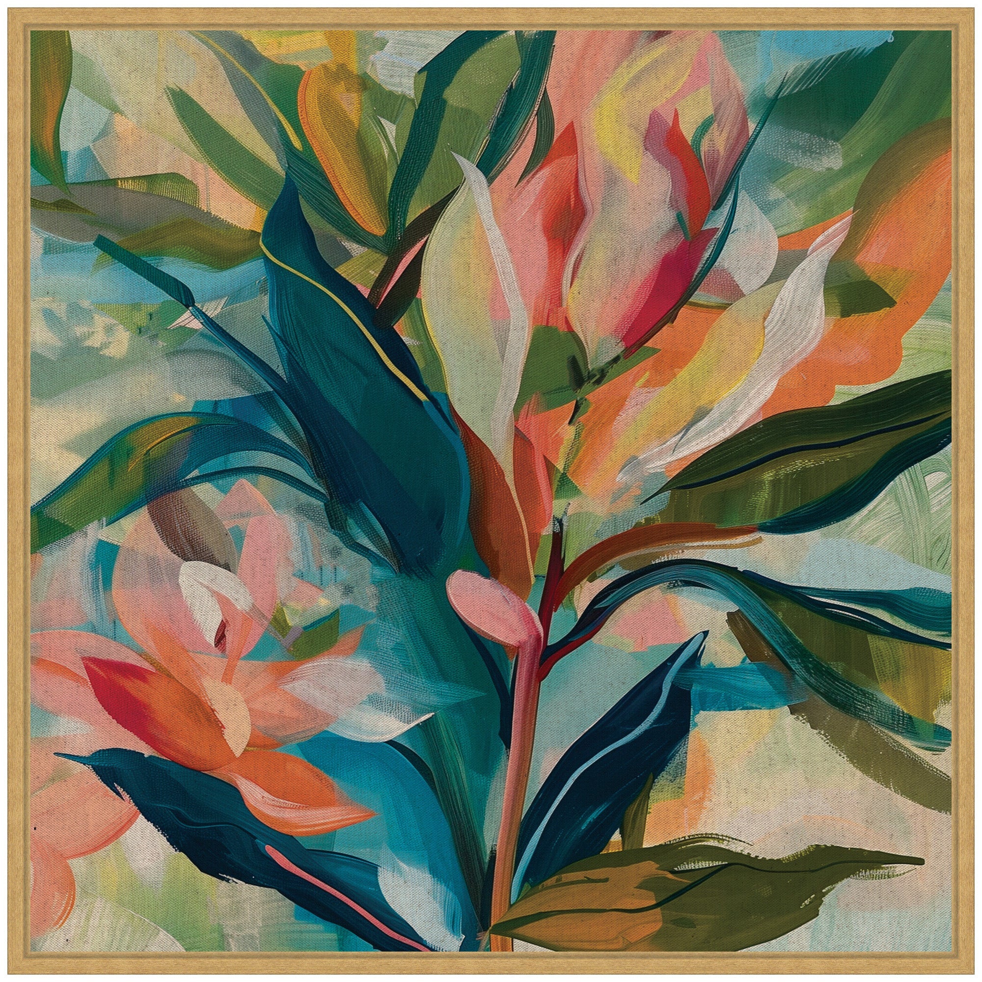 Sylvie Colorful Tropic Botanical Abstract Neutral Linen Framed Canvas by The Creative Bunch Studio