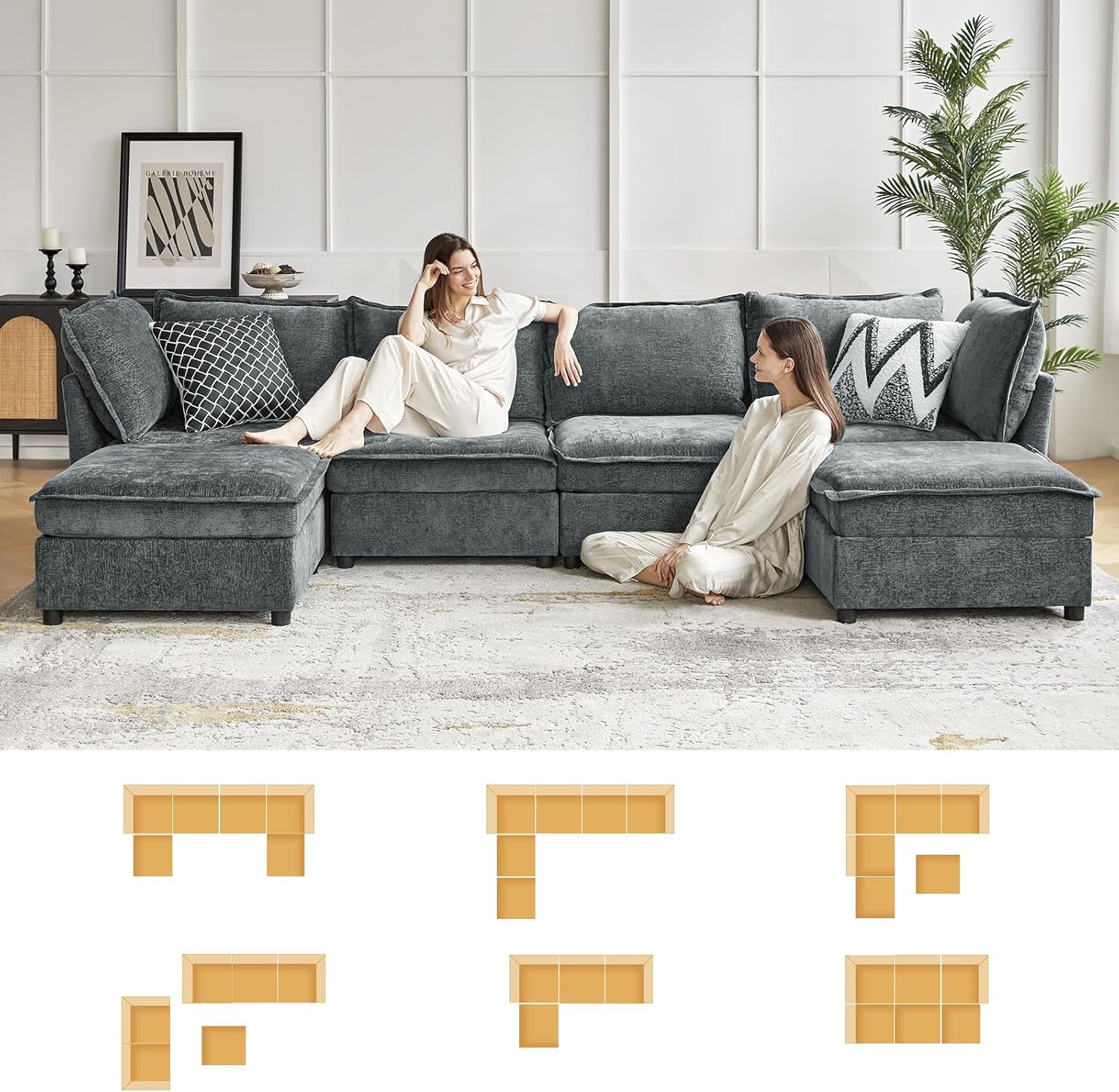 127 Inch Grey Modular Sectional Sofa With Storage Ottoman