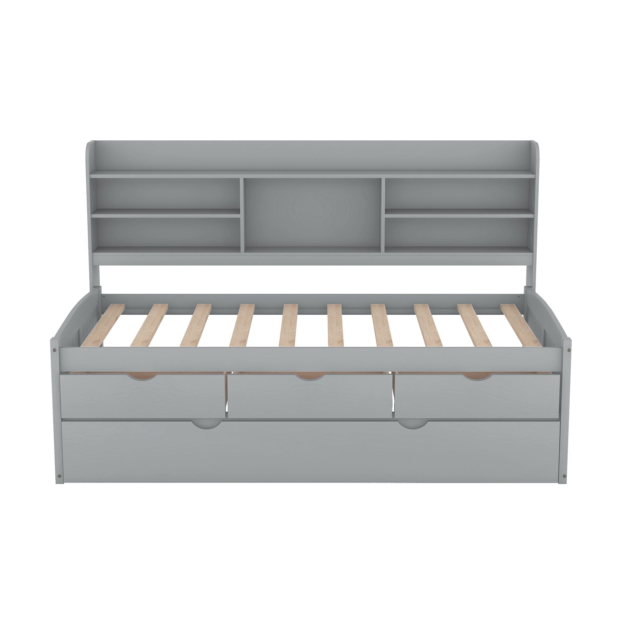 Captain Bed With Built In Bookshelves, 3 Storage Drawers, And Trundle