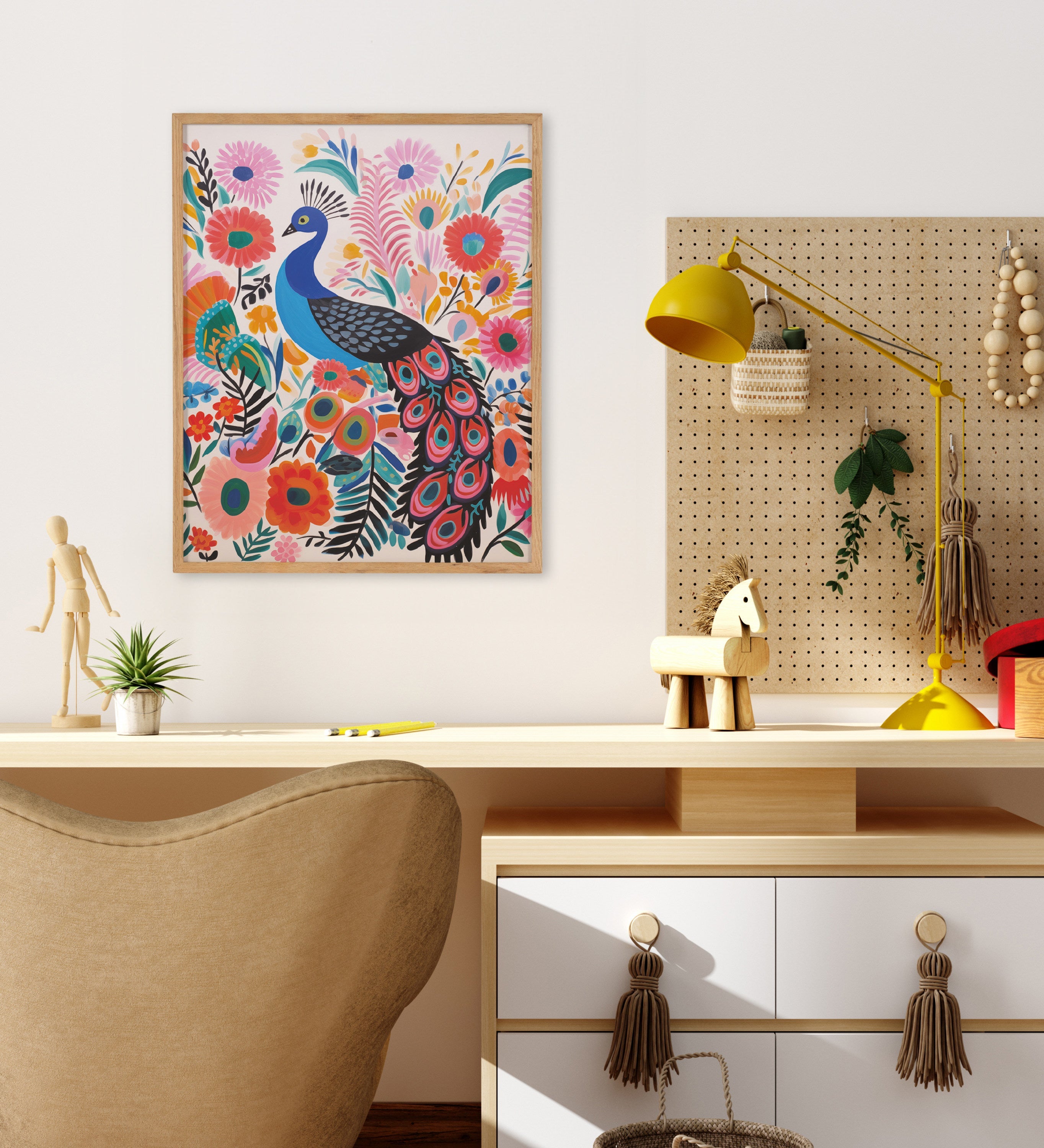 Gallery Bright Colorful Boho Peacock and Botanicals Print by The Creative Bunch Studio