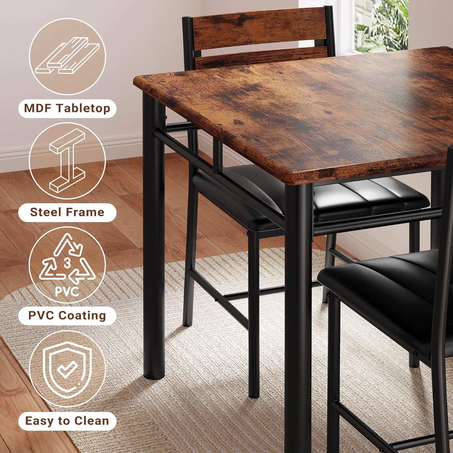 Space Saving Dining Table Set For Two Rustic Brown Finish