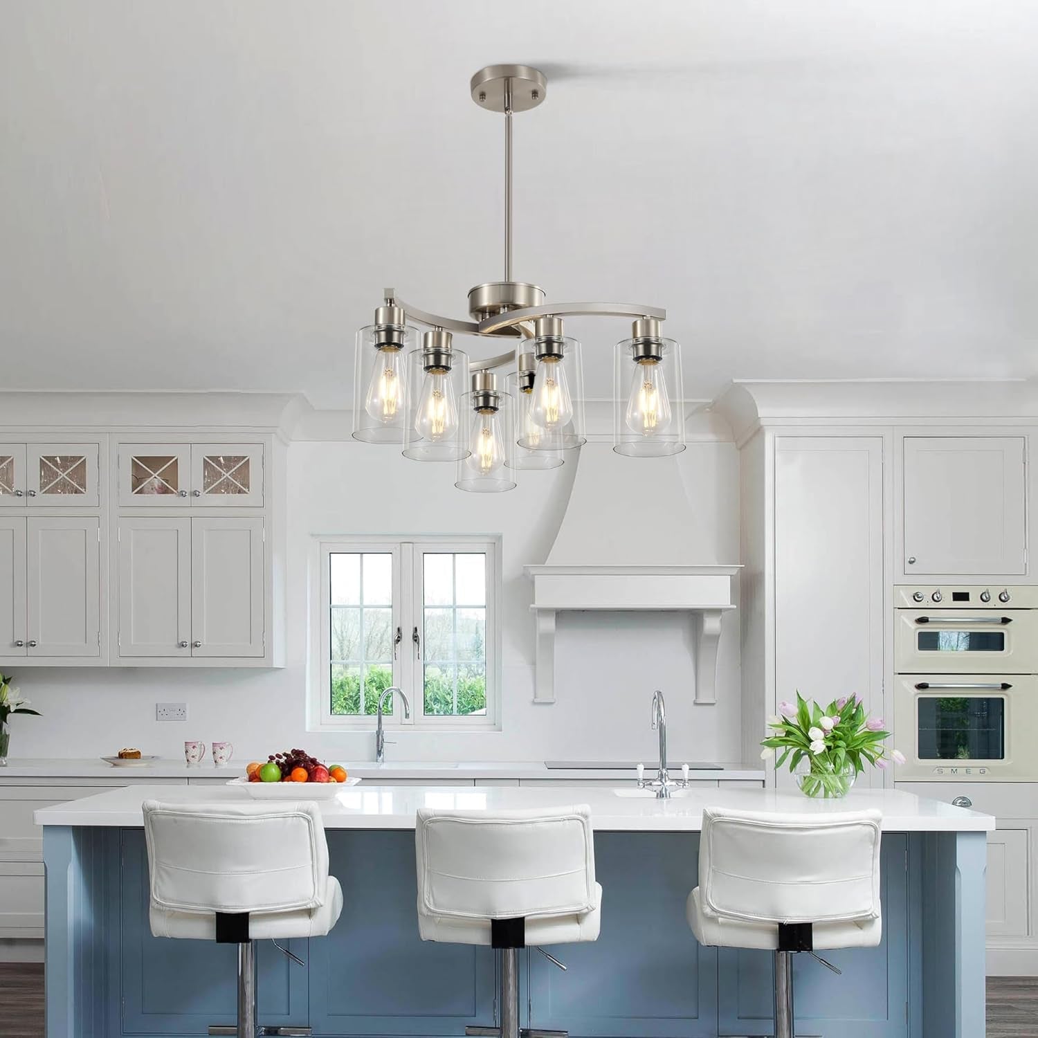 Brushed Nickel Farmhouse Chandelier 6 Light Pendant-1