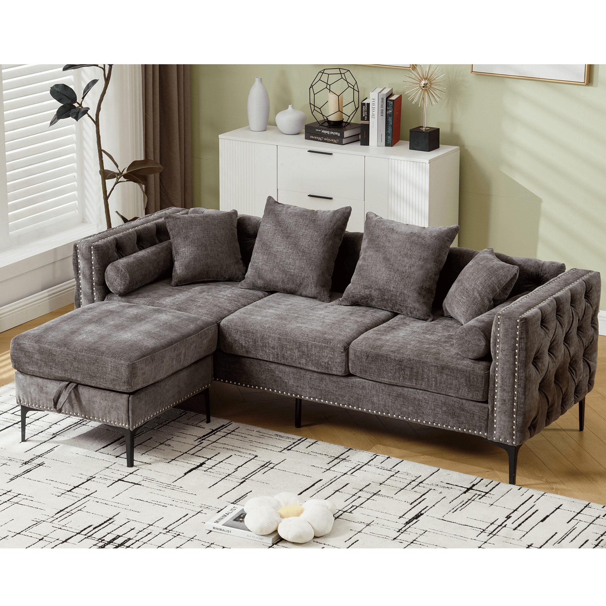 L Shaped Sectional Convertible Sofa with Storage Ottoman and Modern Tufted style - PRHOMZ