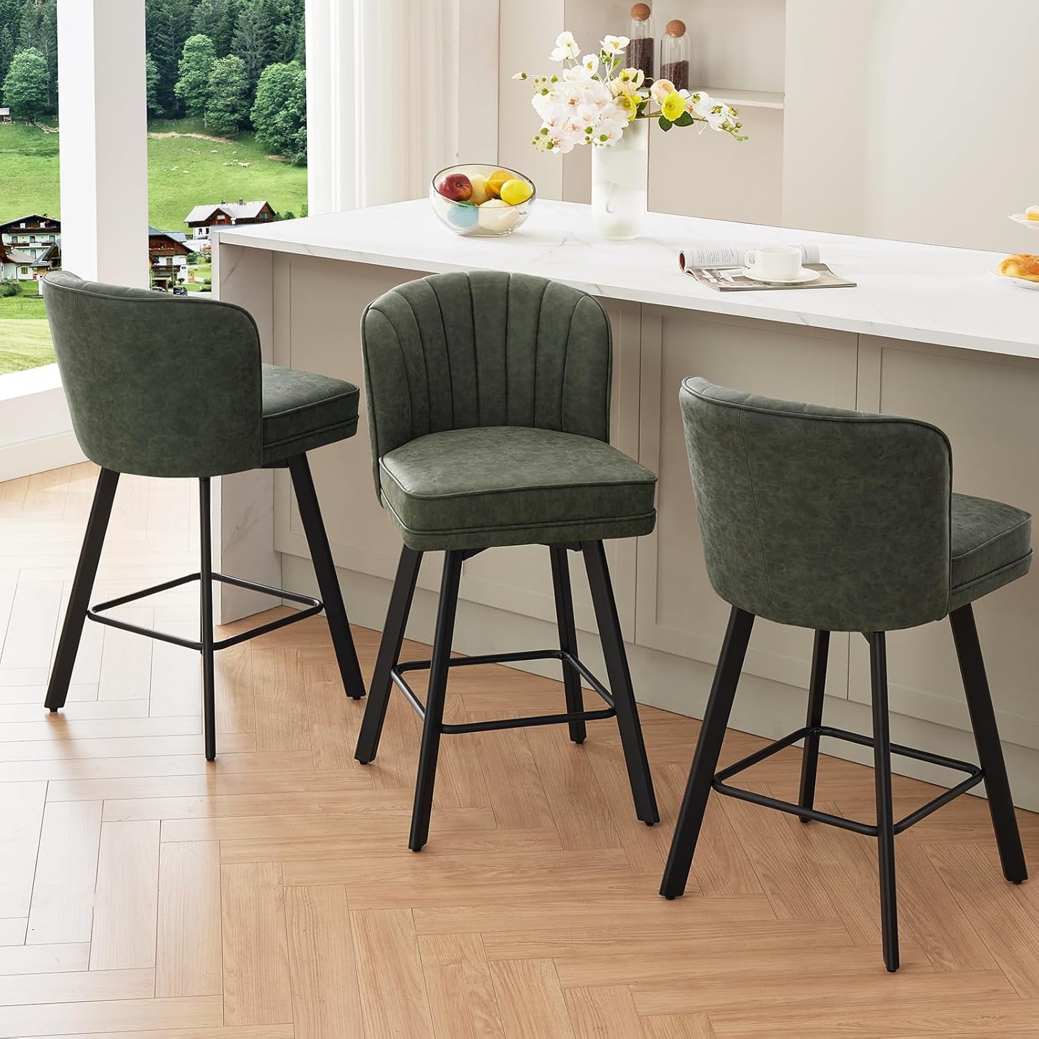 Swivel Counter Height Bar Stools Set of 4 26 Inch Green Faux Leather