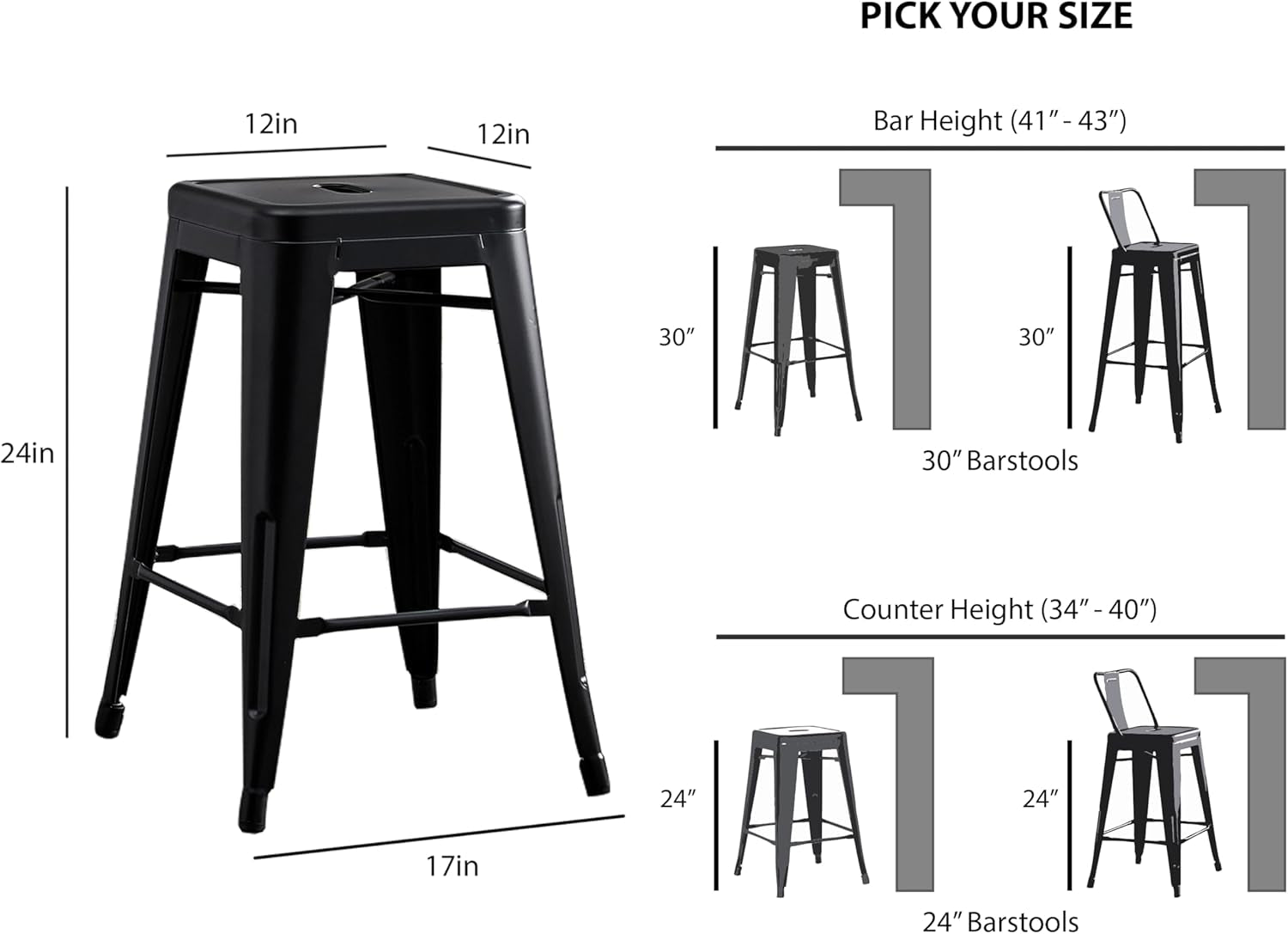 Metal Backless Barstool Set of Two in Matte Black