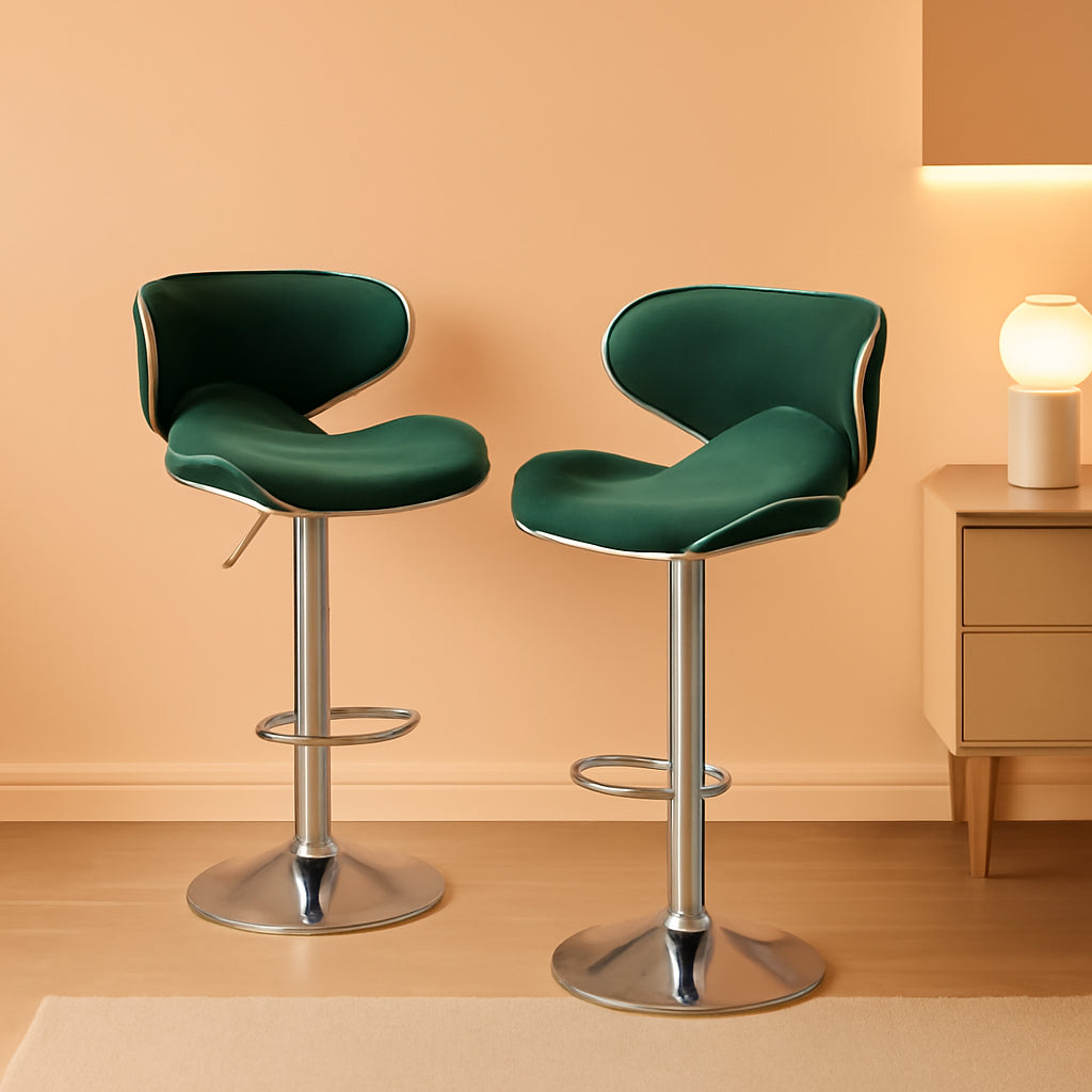 Green Velvet Upholstered Adjustable Swivel Bar Stools Set 2