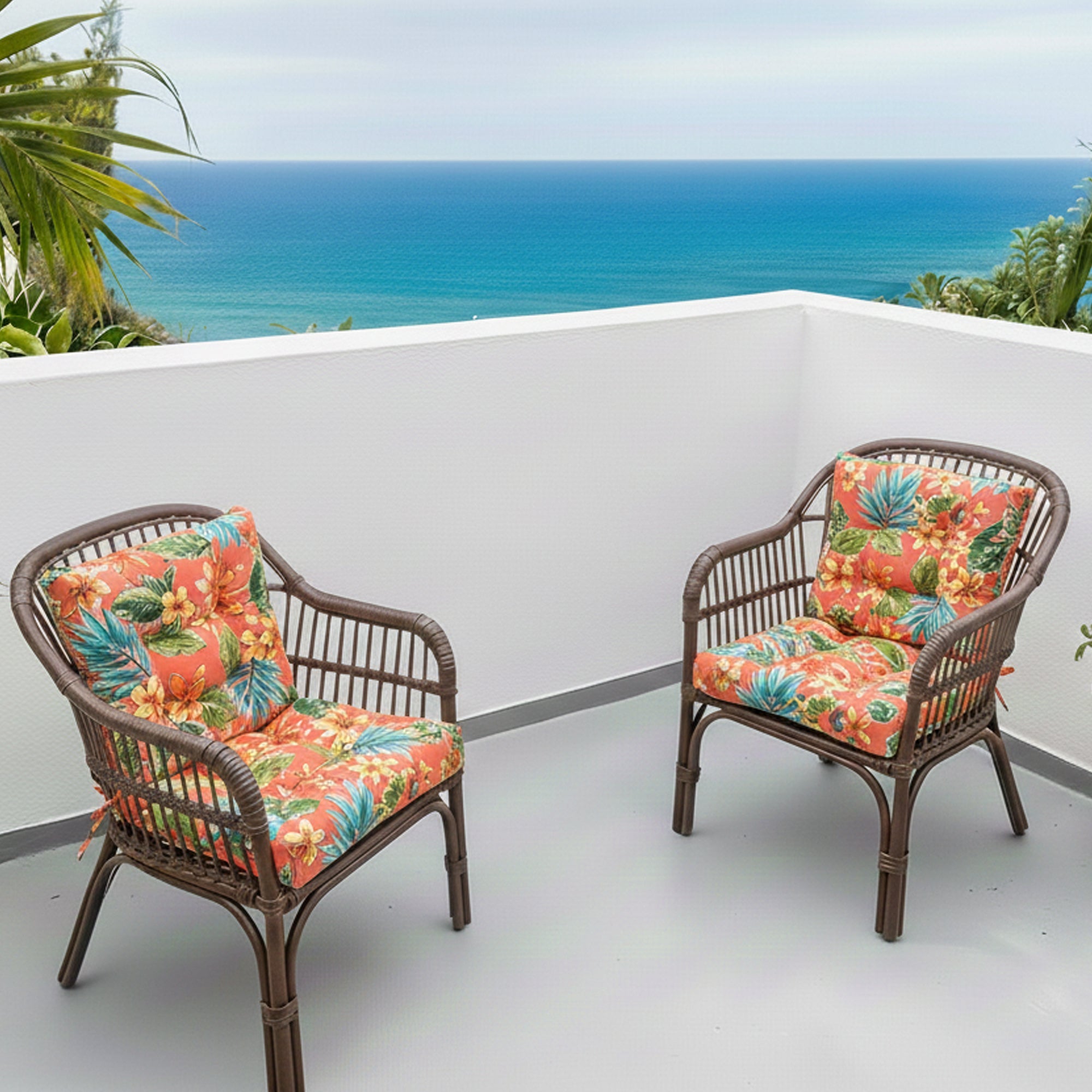 Outdoor Chair Cushions Set of 2, 19 x 19 x 4 Inch Tufted Seat Cushions with Ties