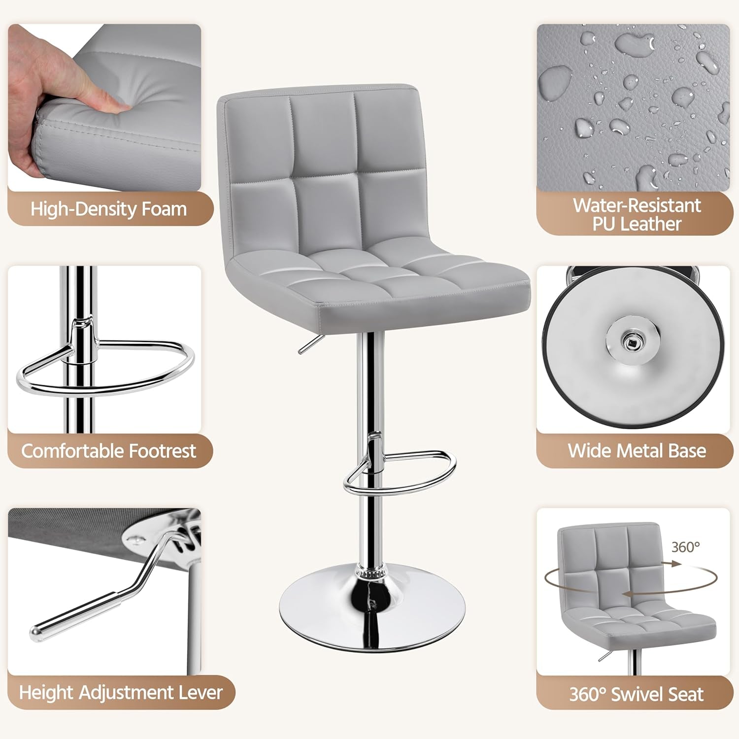 Bar Stools 2 Pack Adjustable Gray PU Leather Counter Height