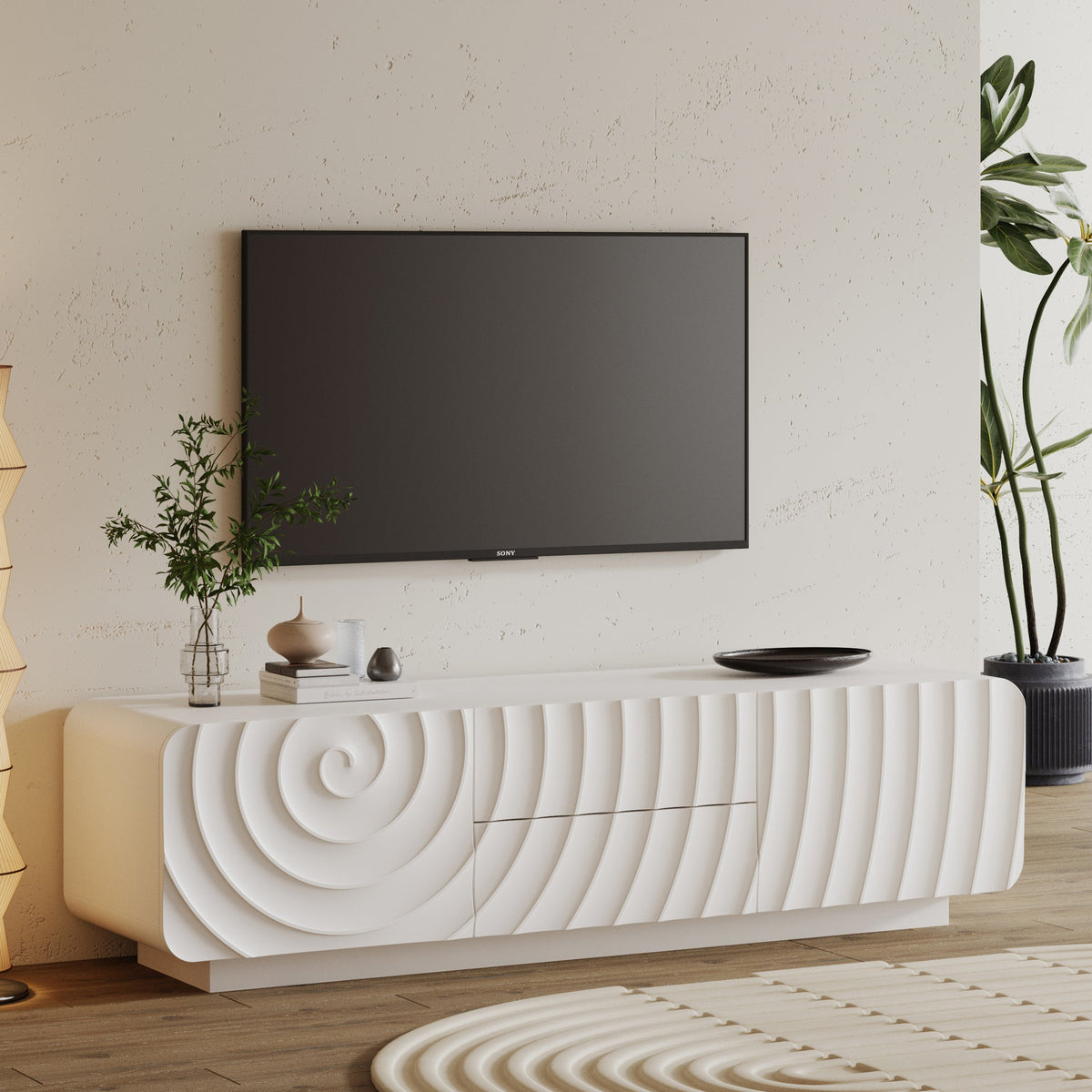 58" TV Console With Modern Unique Spiral Wave Design