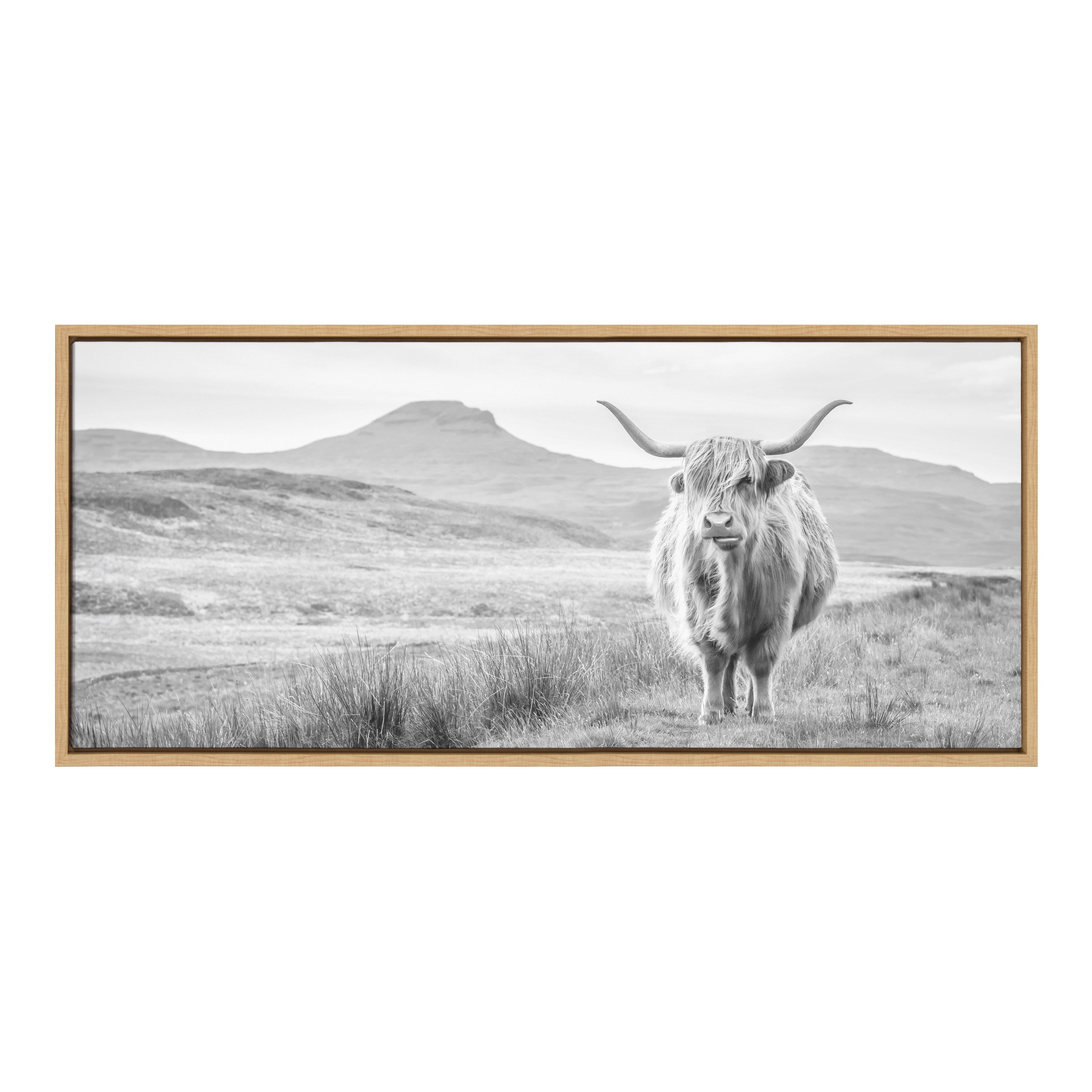 Sylvie Highland Cow Mountain Landscape Black and White Framed Canvas by The Creative Bunch Studio
