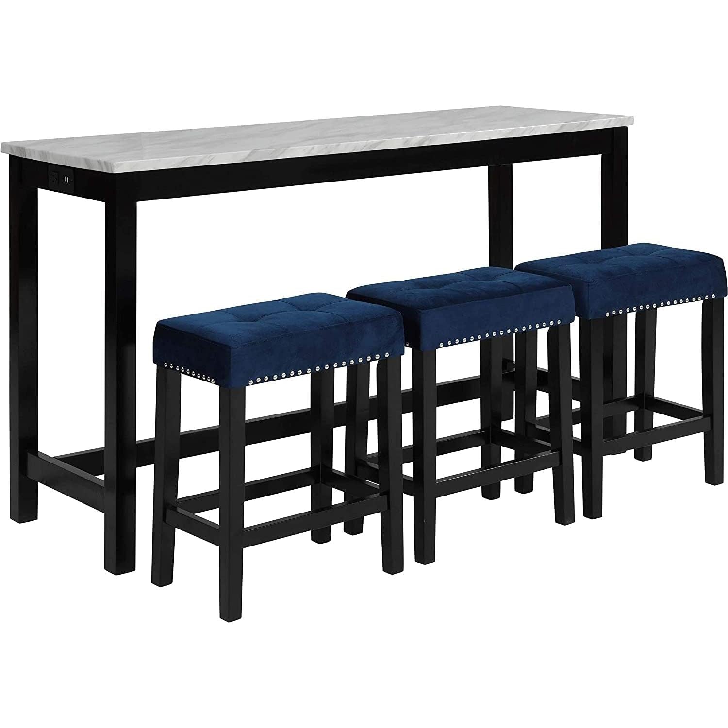 Blue Velvet Bar Table Set With Faux Marble Top 4 Piece