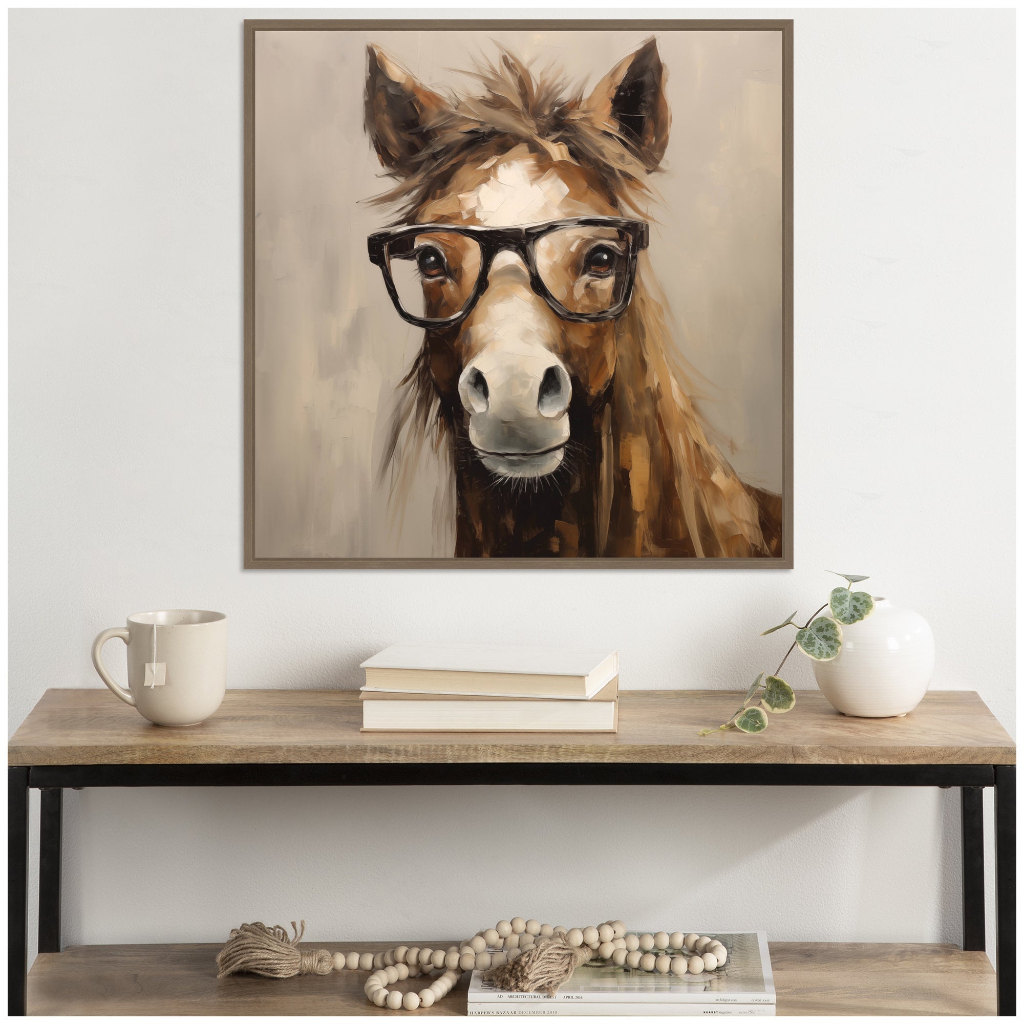 Sylvie Hay Those Are My Glasses Horse Framed Canvas by The Creative Bunch Studio