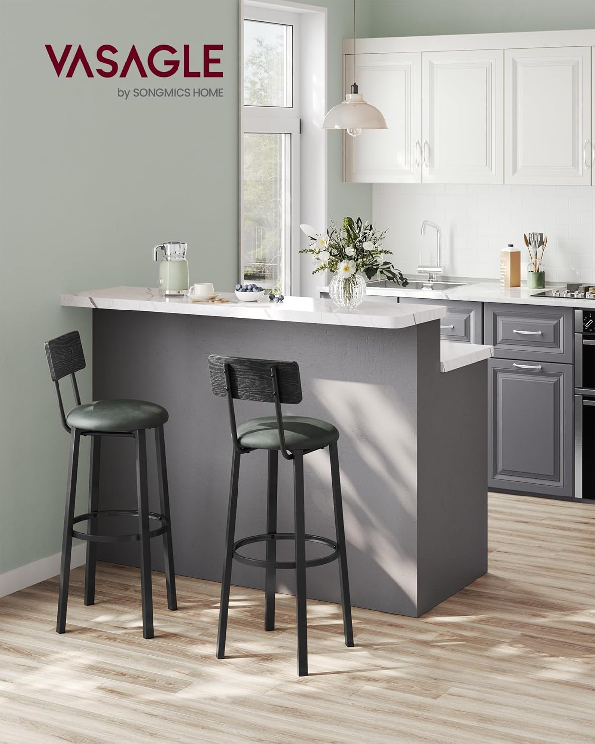 29.7 Inch PU Bar Stools Set Of 2 With Backrest And Footrest