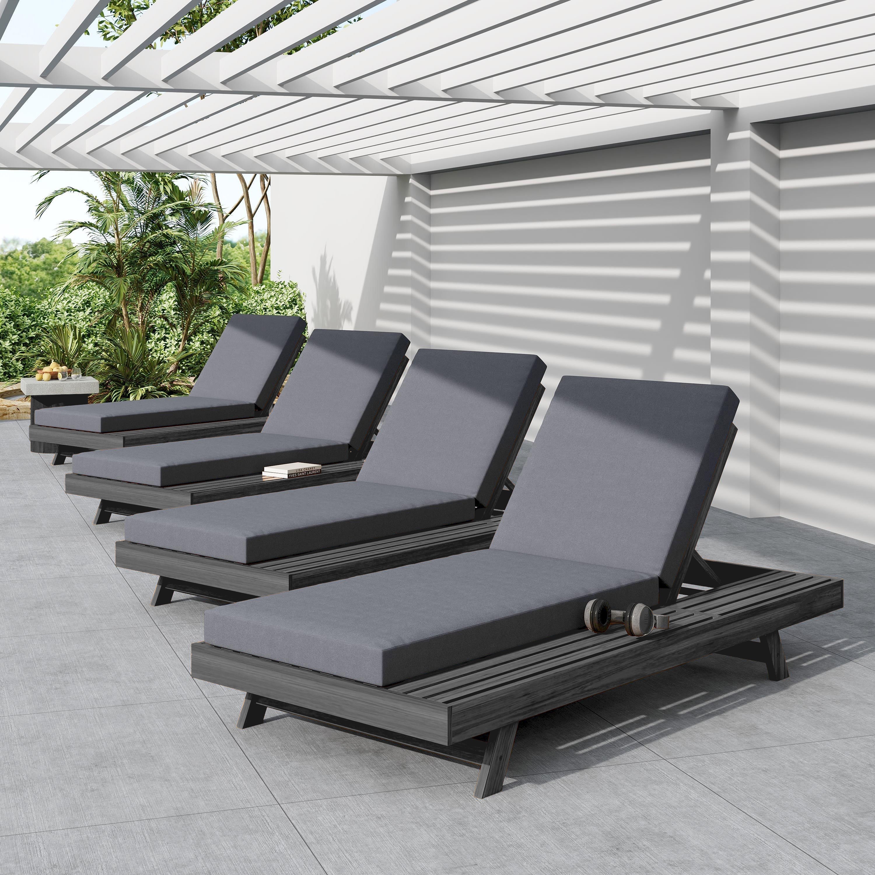 Lounge Chaise Set in Black Acacia Wood with Water-Resistant Cushions