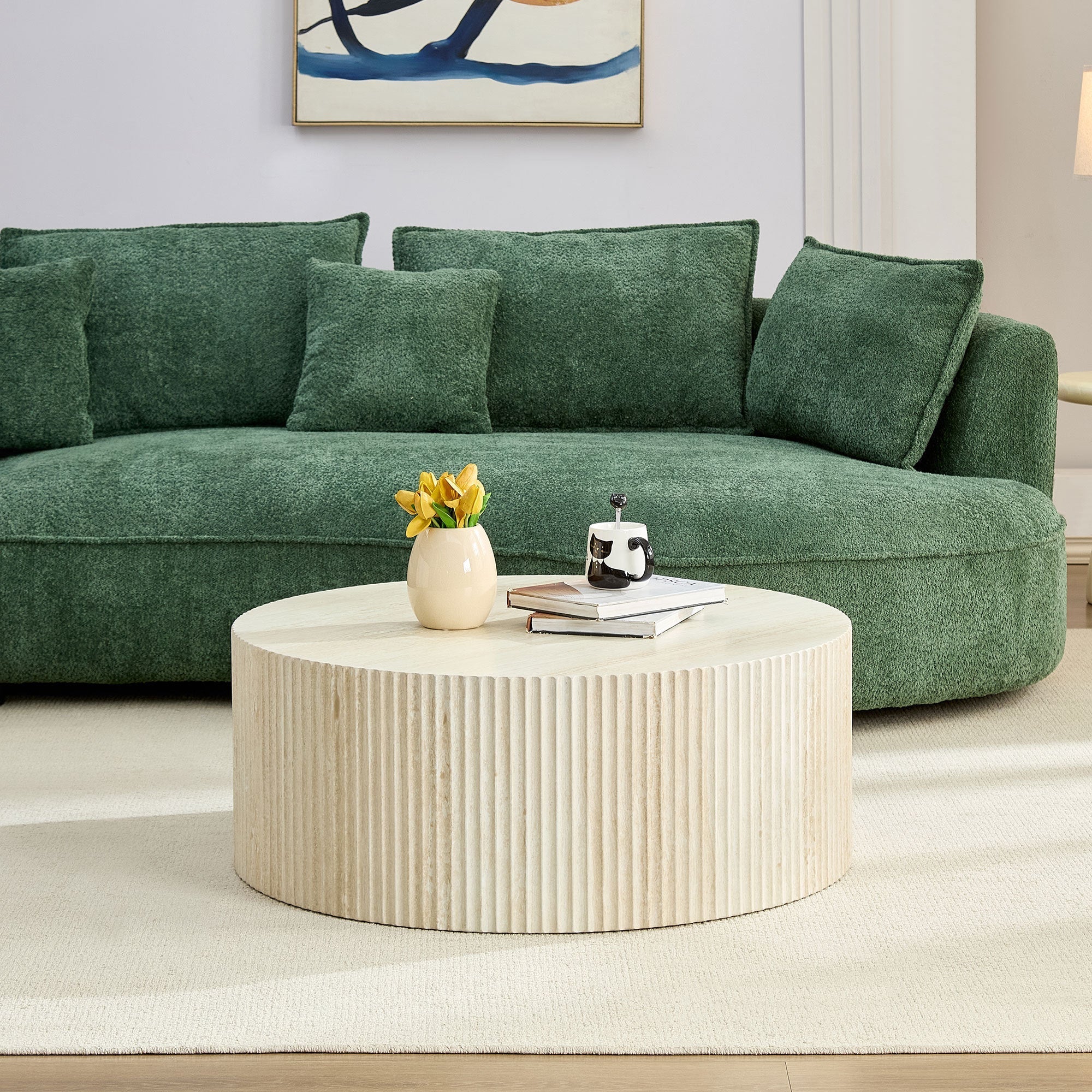 Faux Travertine Round Coffee Table with Eye-Catching Relief Design
