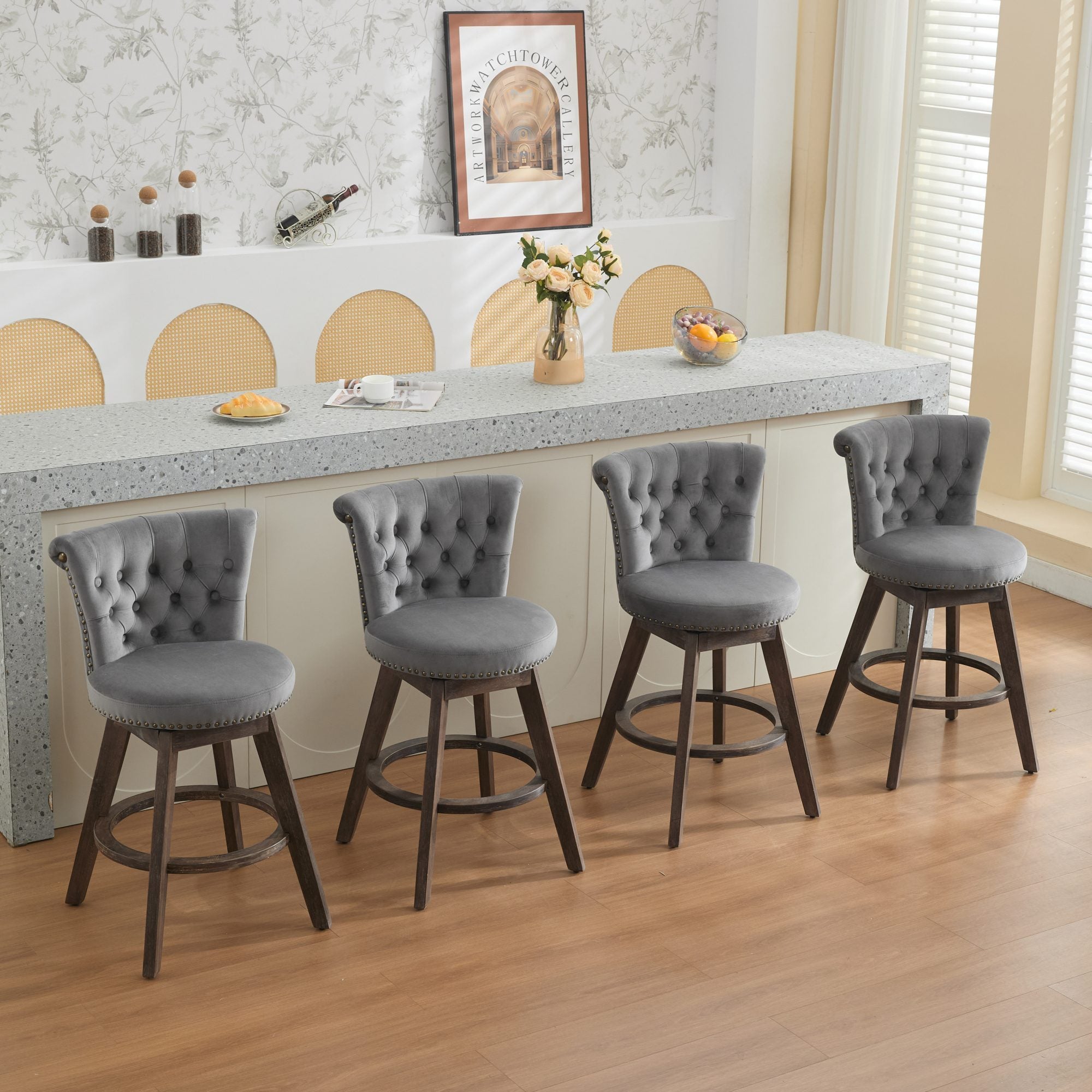 26" Counter Height Bar Stools Set of 2 with 360° Swivel and Velvet Upholstery