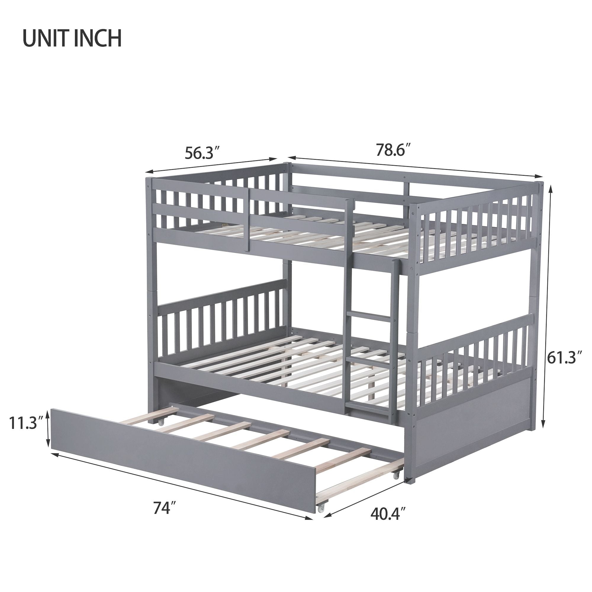 Family-Friendly Full Over Full Wood Bunk Bed with Twin Trundle, Ladder, Guardrails, Gray | Just Better Bunk Beds