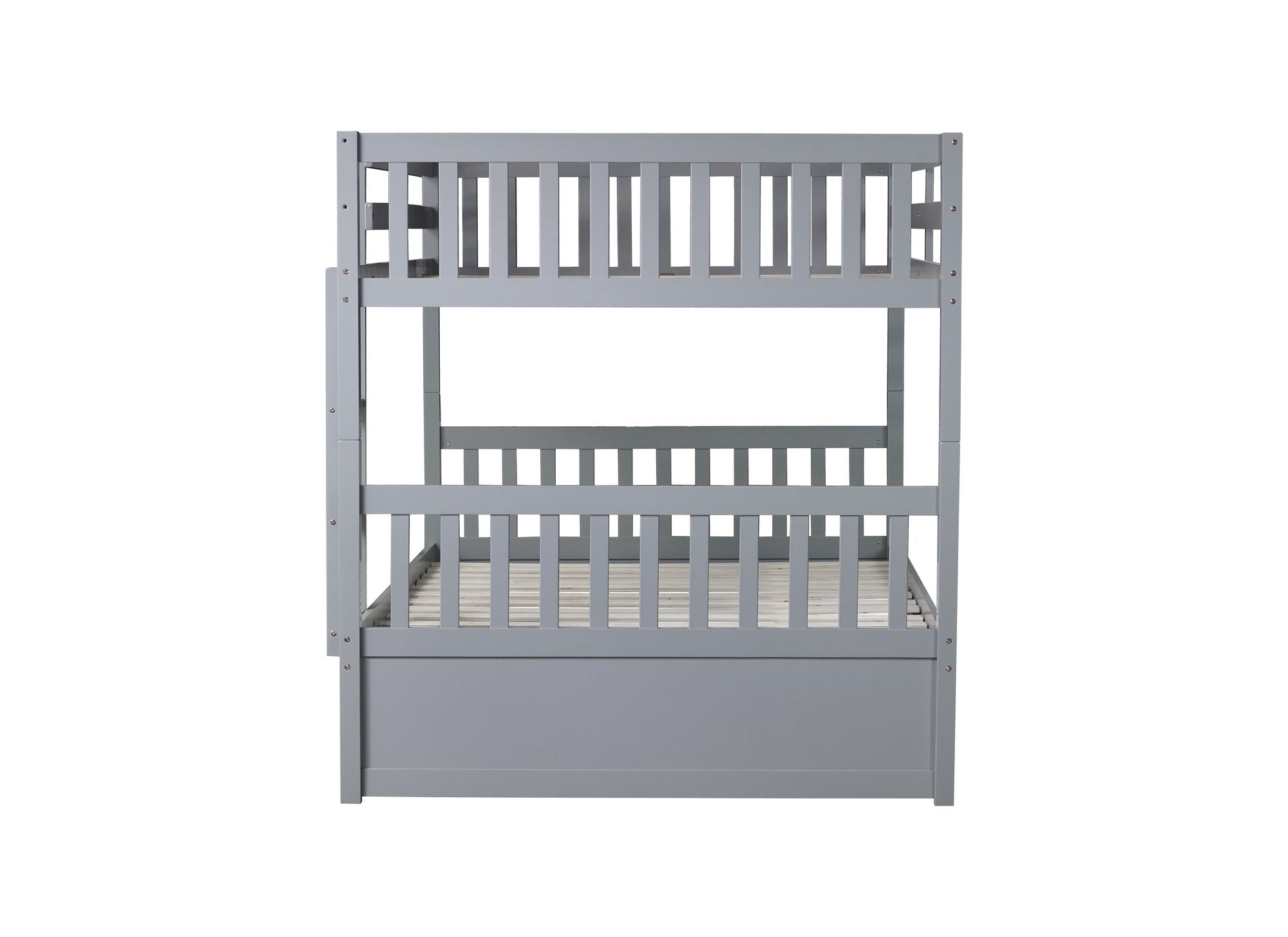 Family-Friendly Full Over Full Wood Bunk Bed with Twin Trundle, Ladder, Guardrails, Gray | Just Better Bunk Beds