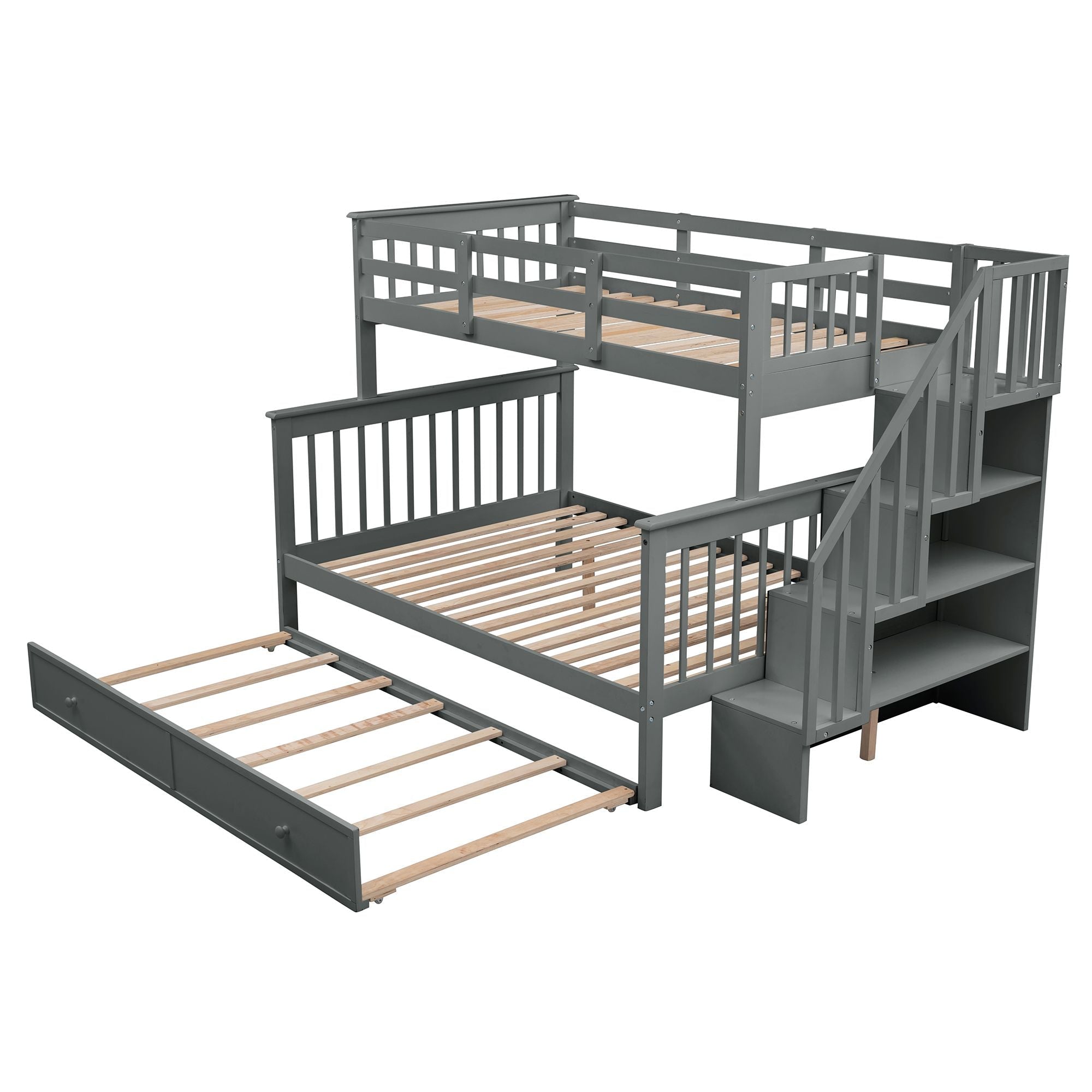 Family-Friendly Twin-Over-Full Wood Bunk Bed with Twin Trundle, Stairway Storage, Gray or White | Just Better Bunk Beds