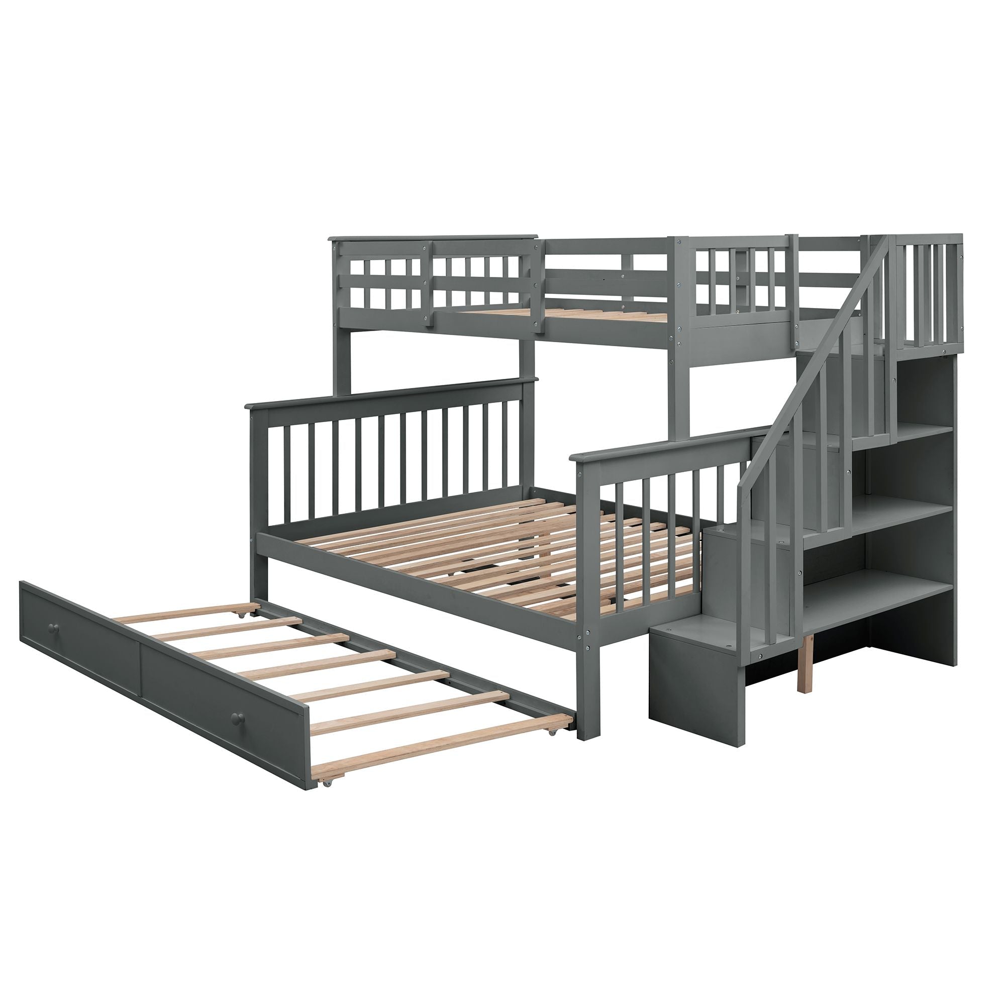 Family-Friendly Twin-Over-Full Wood Bunk Bed with Twin Trundle, Stairway Storage, Gray or White | Just Better Bunk Beds
