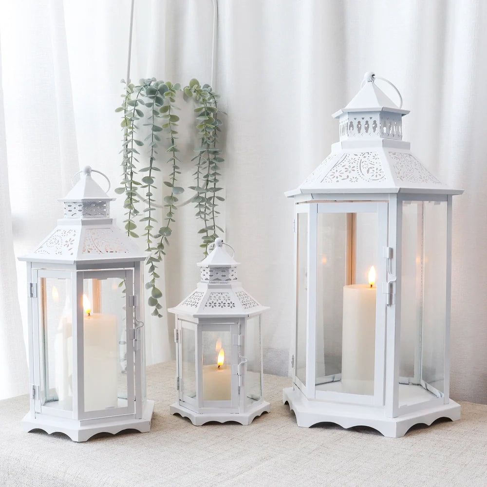 Set of 3 18''&13"&10"High White Hexagonal Decorative Hanging Lantern-0