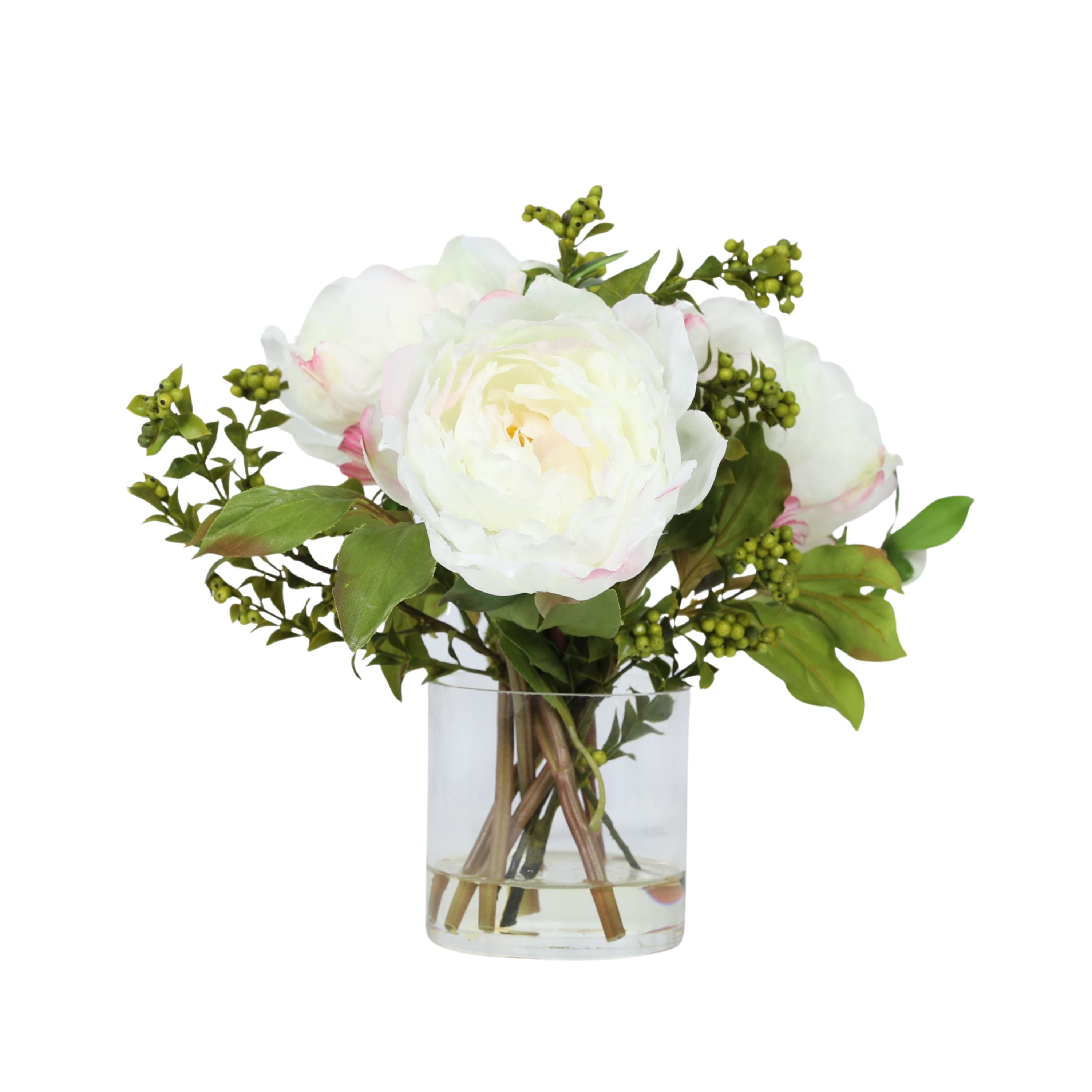 Faux Peony Arrangement In Glass Vase - 10"