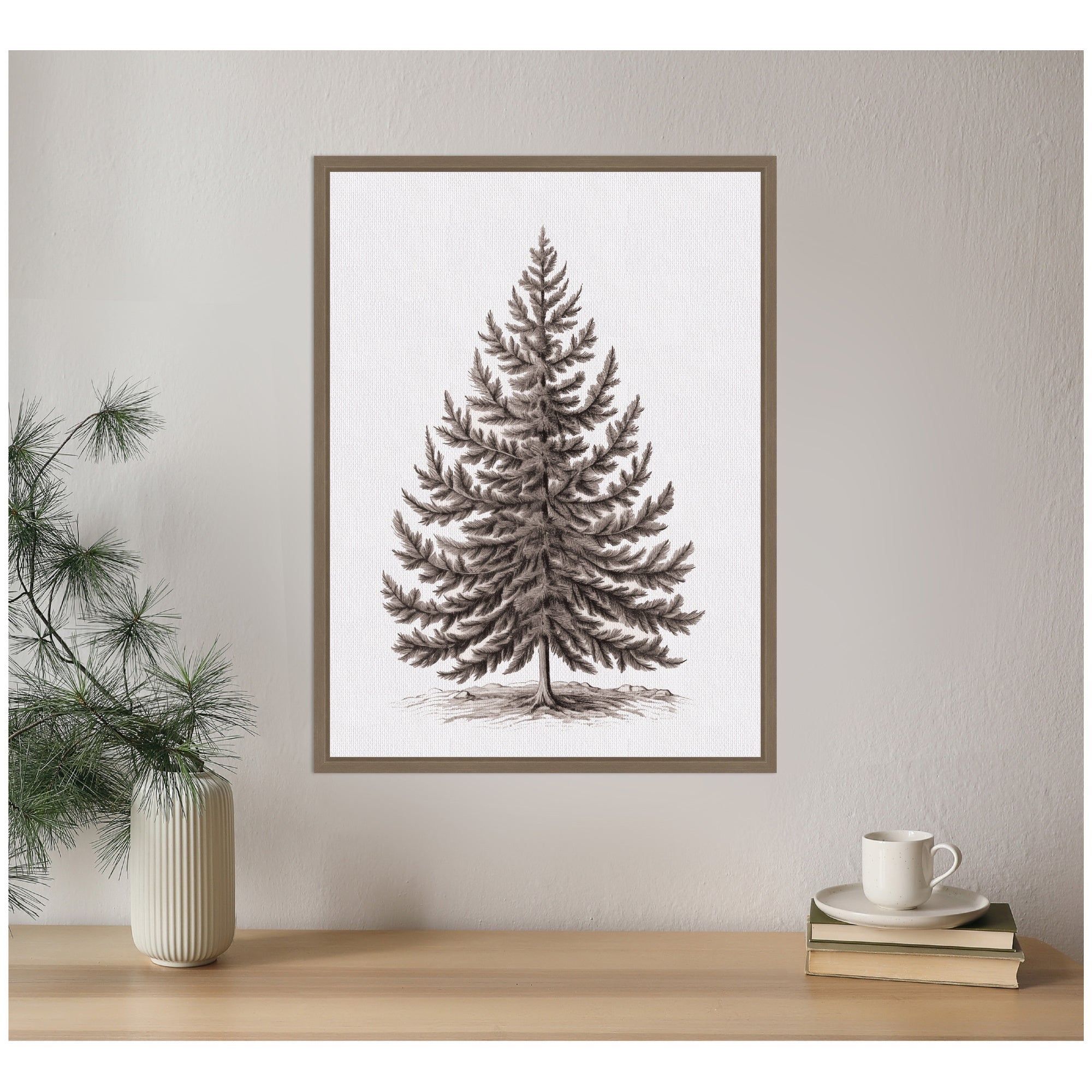 Sylvie Framed Canvas Vintage Evergreen Fir Tree lllustration I by The Creative Bunch Studio
