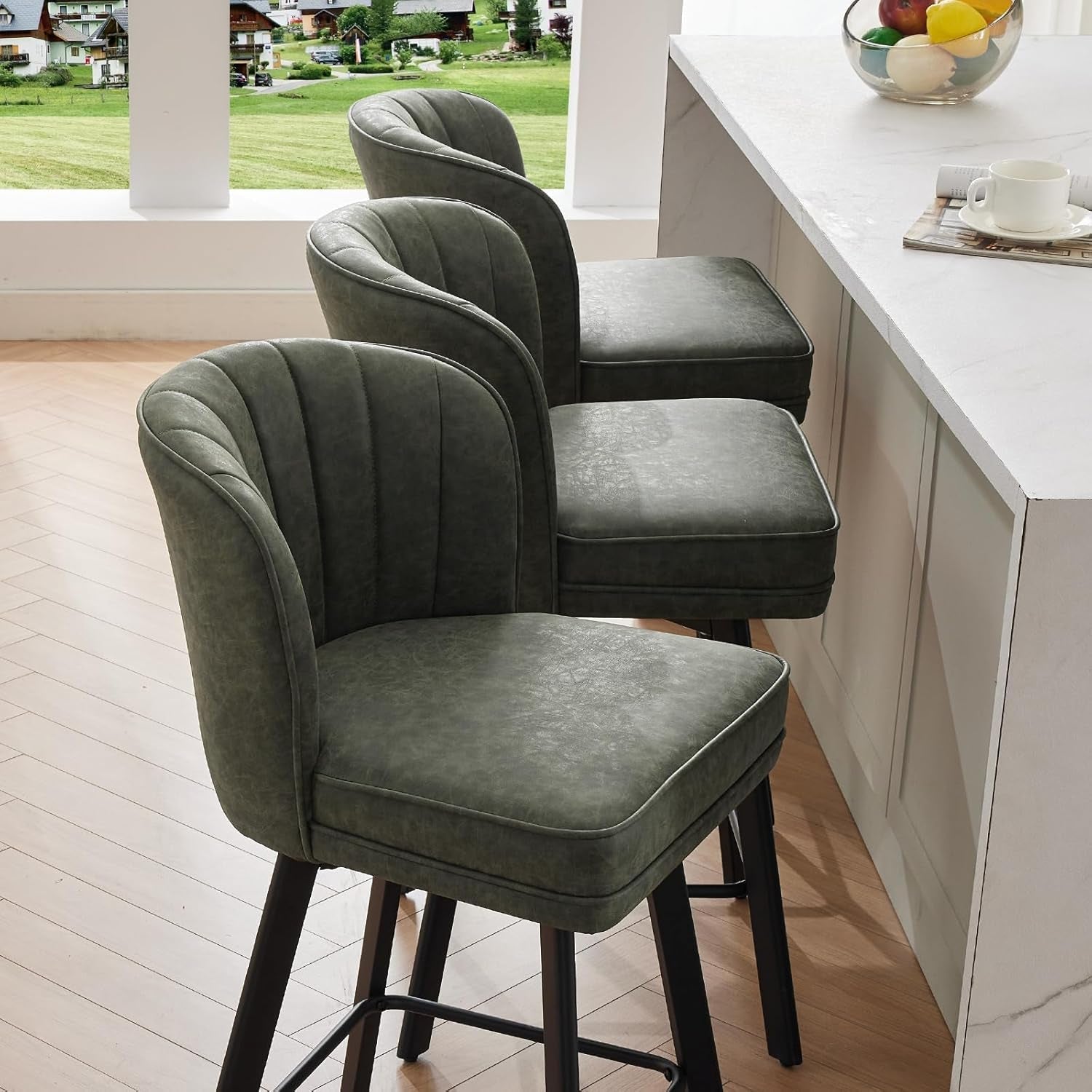 Swivel Counter Height Bar Stools Set of 4 26 Inch Green Faux Leather
