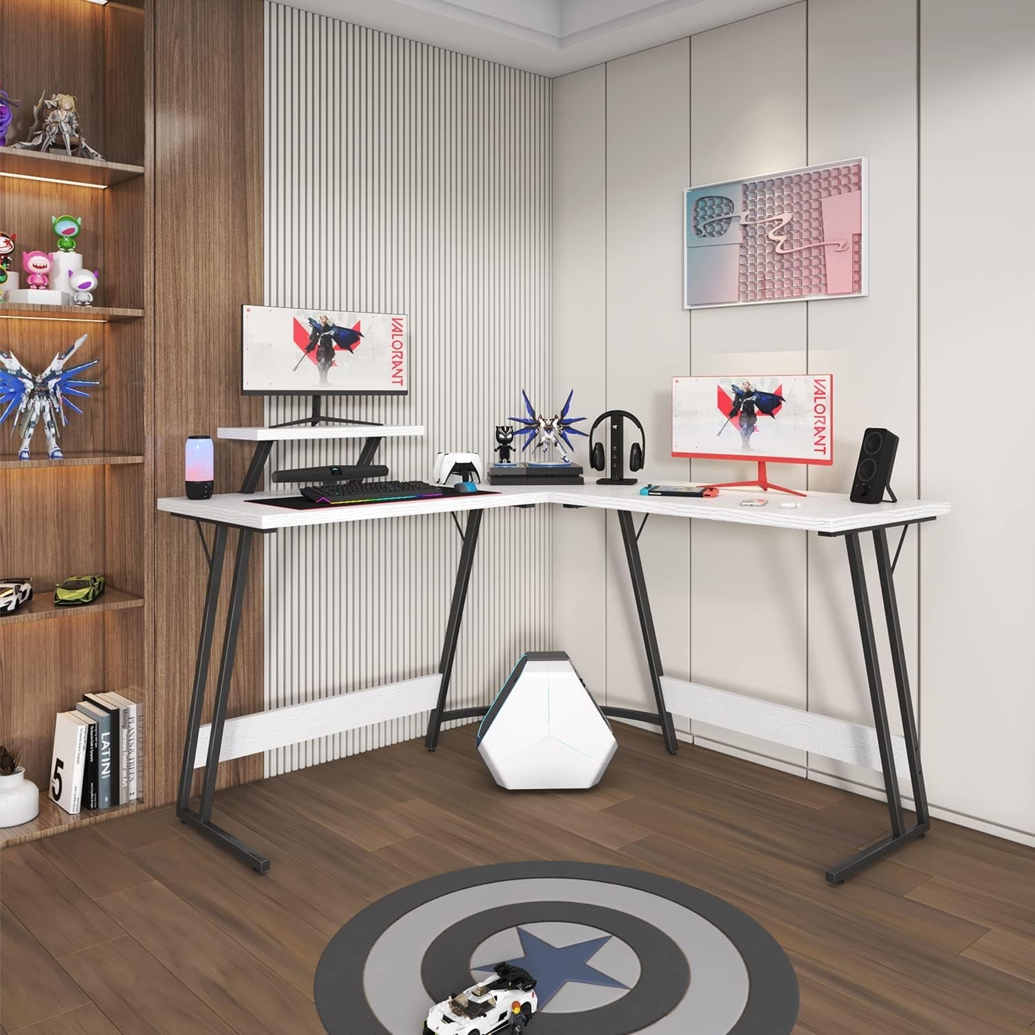 L Shaped Gaming Desk 51 Inch Monitor Riser Classical White