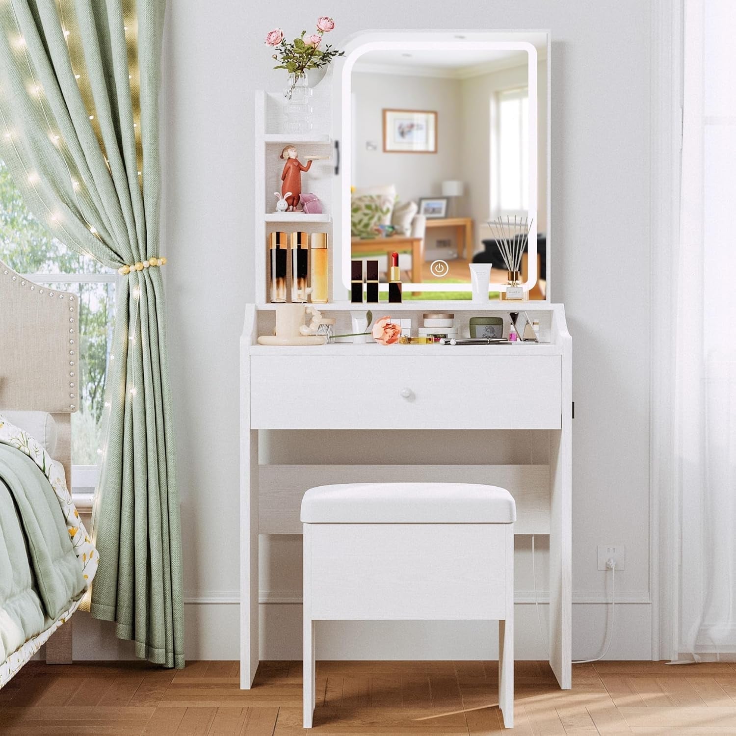 White Vanity Set With Lighted Mirror Modern Bedroom Desk