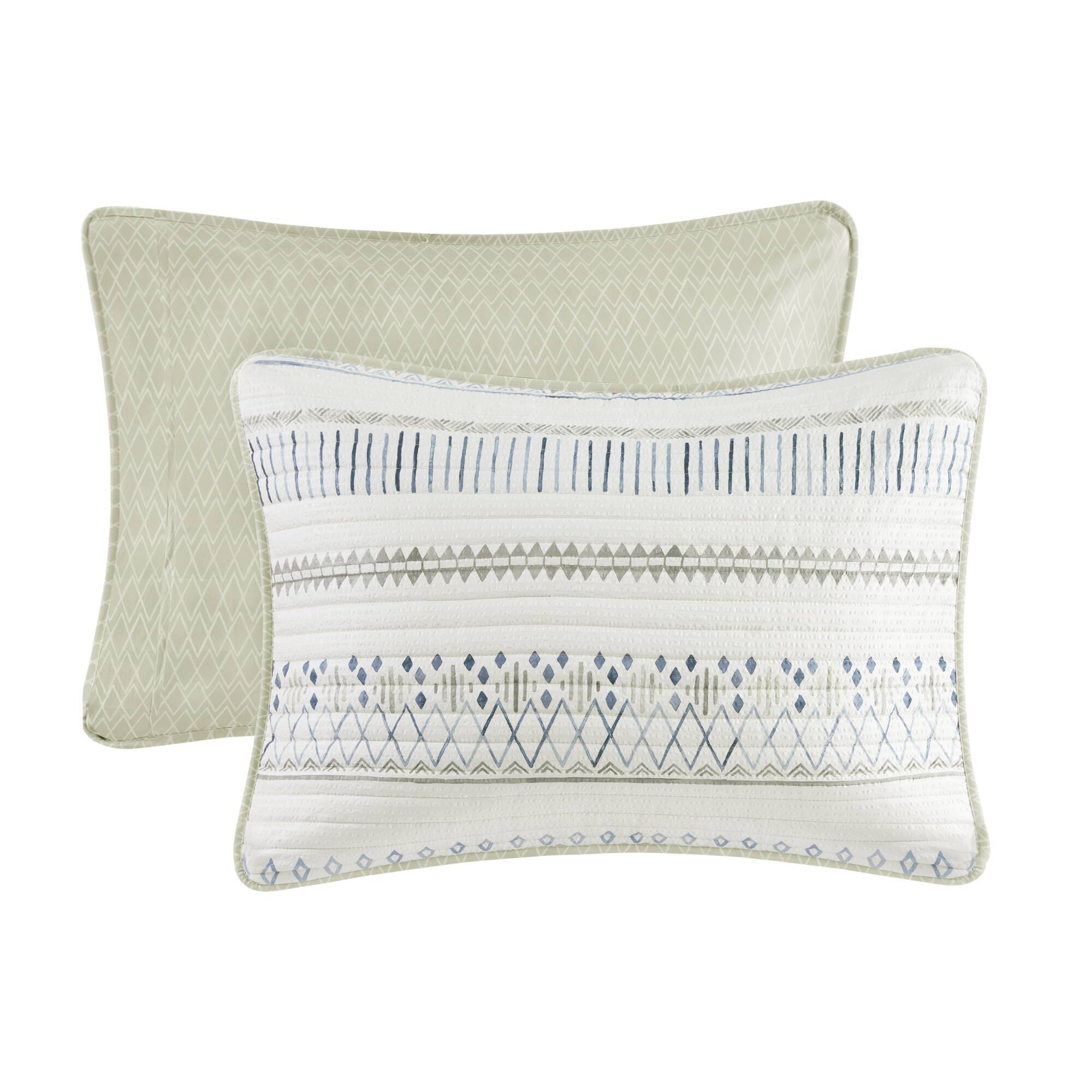 3 Piece Printed Microfiber Seersucker Quilt Set Taupe/Blue Full/Queen