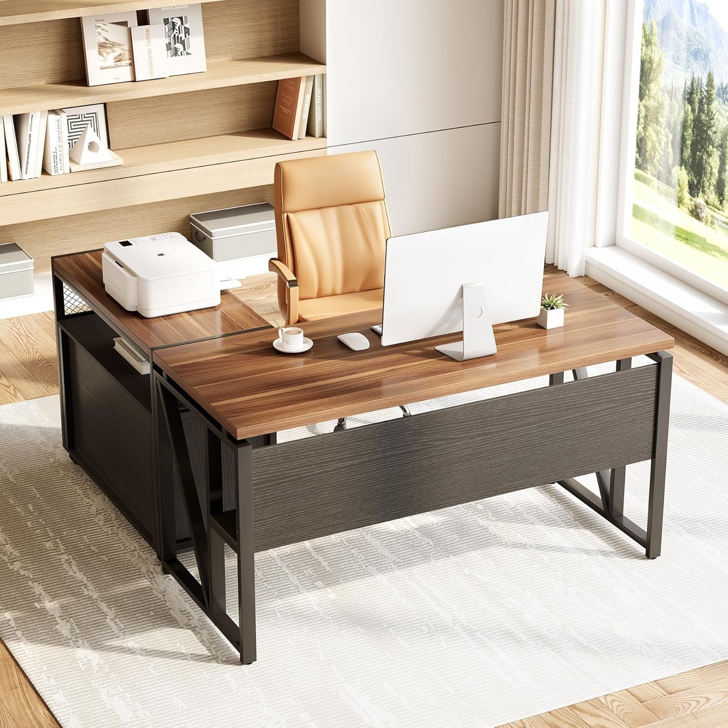 55 Inch L Shaped Desk With File Cabinet Walnut Black