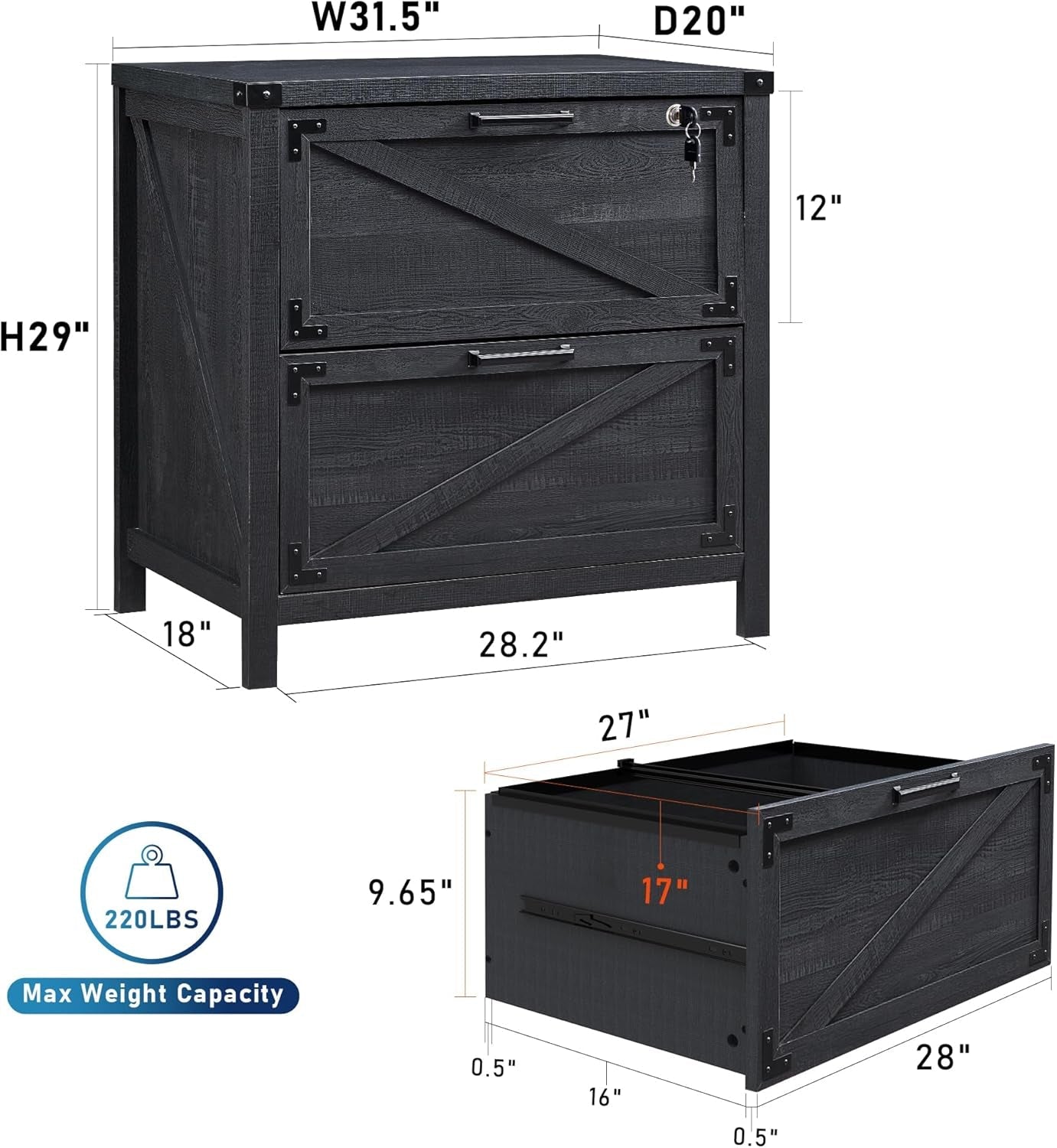 2 Drawer Farmhouse Lateral Filing Cabinet With Lock Black Finish Fits Legal Letter A4 F4