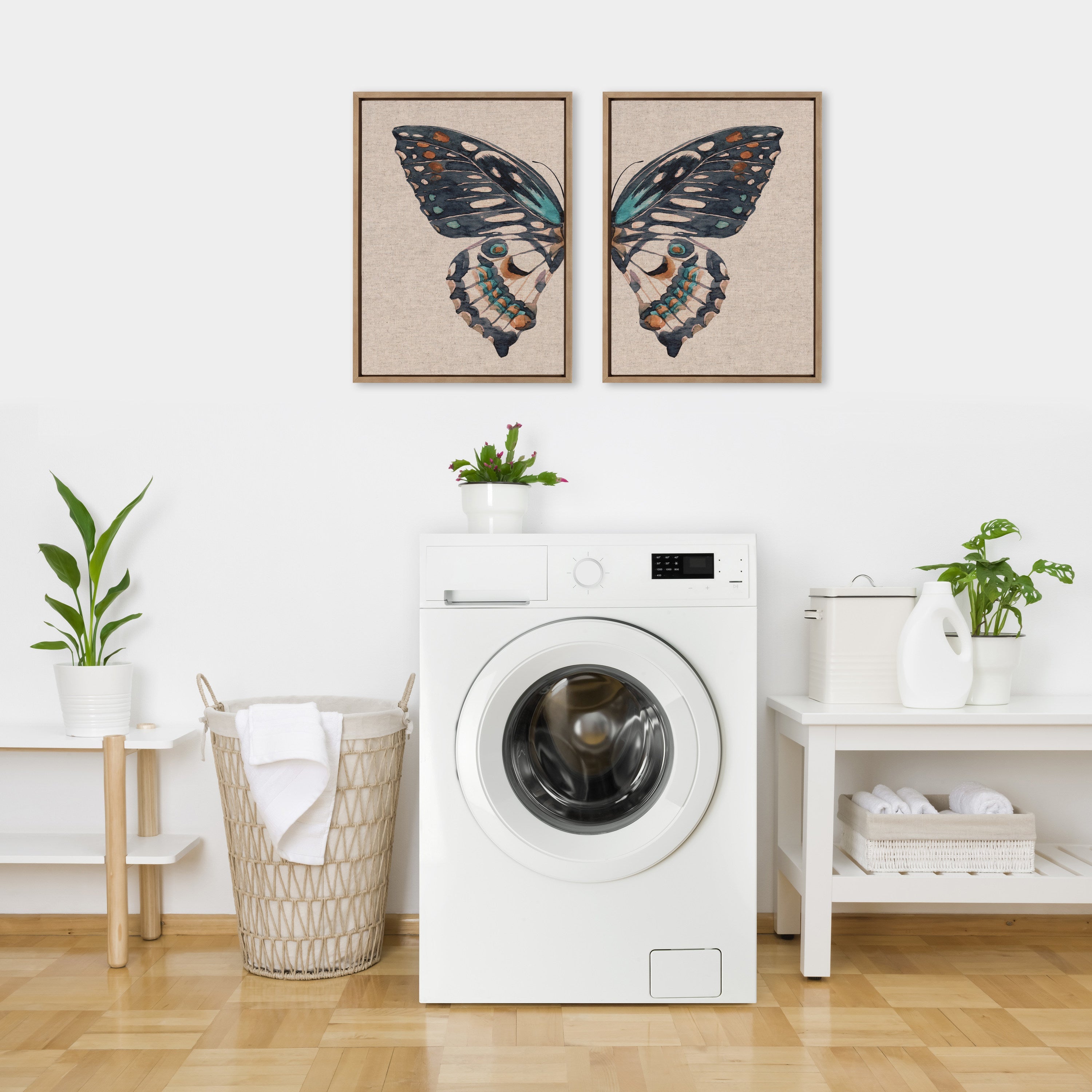 Sylvie Boho Butterfly Watercolor Diptych Neutral Linen Framed Canvas Art Set by The Creative Bunch Studio