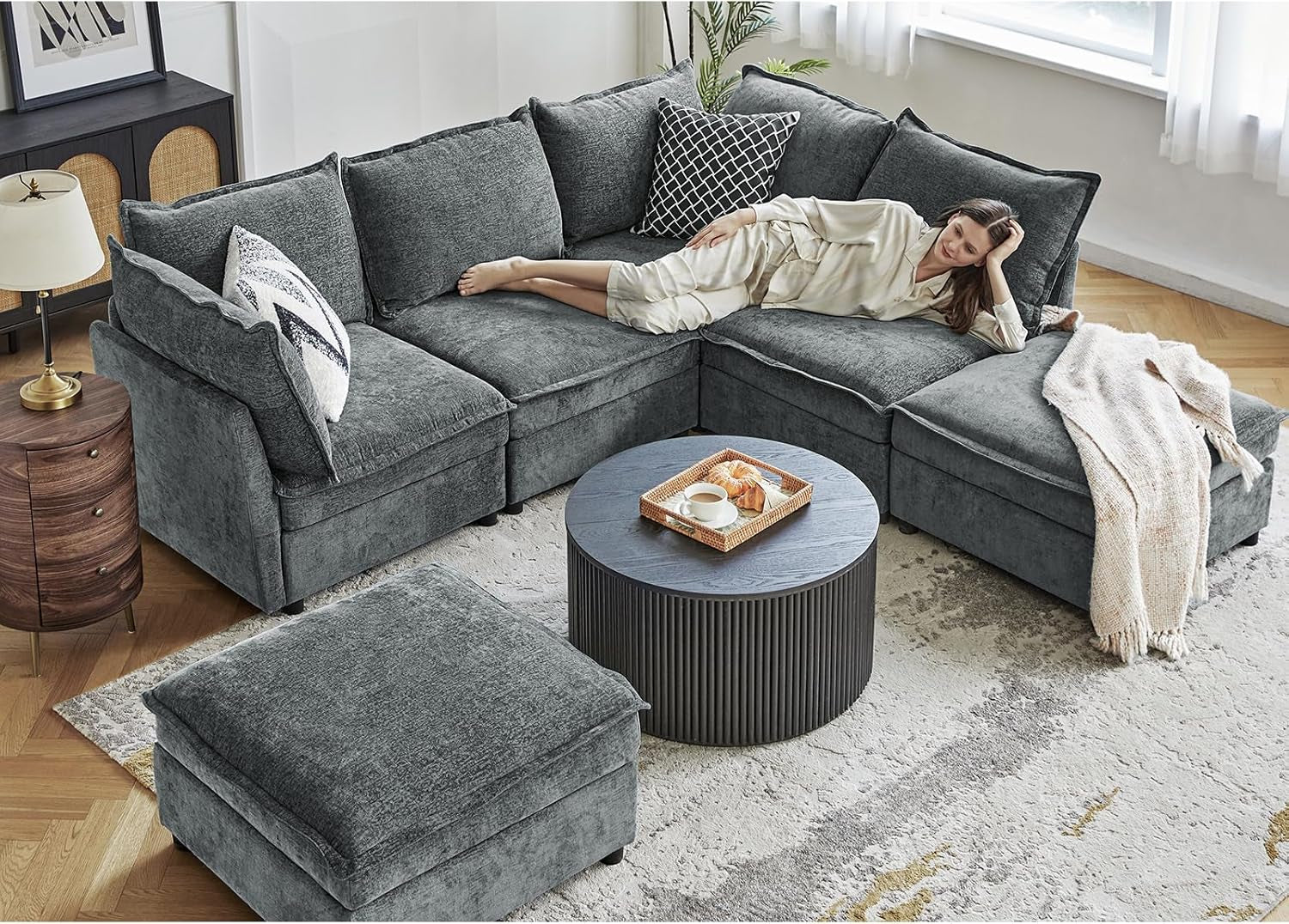 127 Inch Grey Modular Sectional Sofa With Storage Ottoman