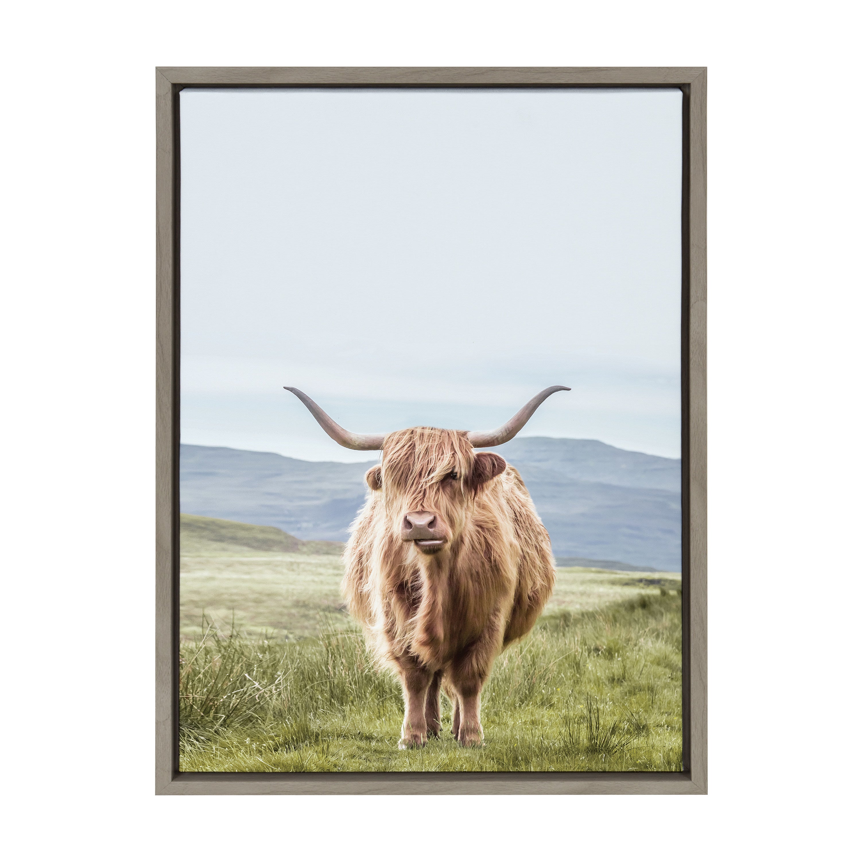 Sylvie Highland Cow Mountain Landscape Framed Canvas by The Creative Bunch Studio