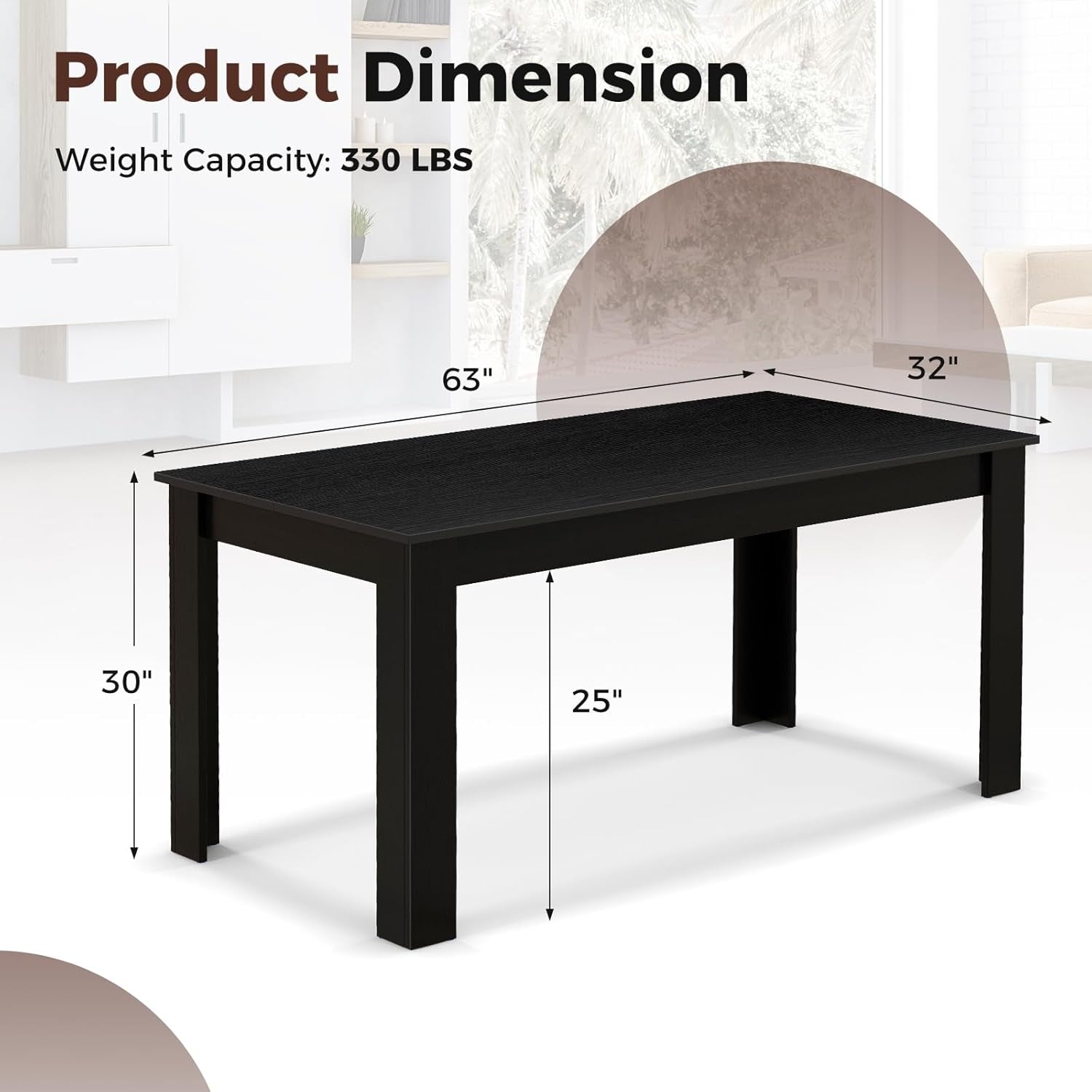63 Inch Wood Dining Table For Four To Six People Black